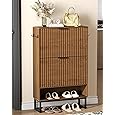 GarveeHome Fluted Shoe Cabinet Storage for Entryway, Wood Shoe Rack with 2 Flip Drawers and Open Shelf, Modern Entryway Organizer for Foyer, Hallway, Entrance, White