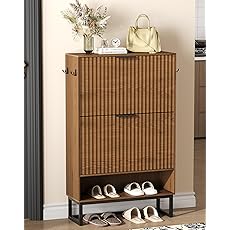 GarveeHome Fluted Shoe Cabinet Storage for Entryway, Wood Shoe Rack with 2 Flip Drawers and Open Shelf, Modern Entryway Organizer for Foyer, Hallway, Entrance, White