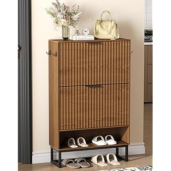 GarveeHome Fluted Shoe Cabinet Storage for Entryway, Wood Shoe Rack with 2 Flip Drawers and Open Shelf, Modern Entryway Organizer for Foyer, Hallway, Entrance, White