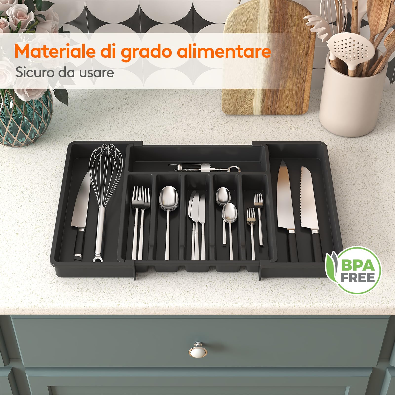 Organizzatore Posate Per Cassetto Lifewit - Espandibile, Divisori Regolabili, Materiale PP Senza BPA, Nero