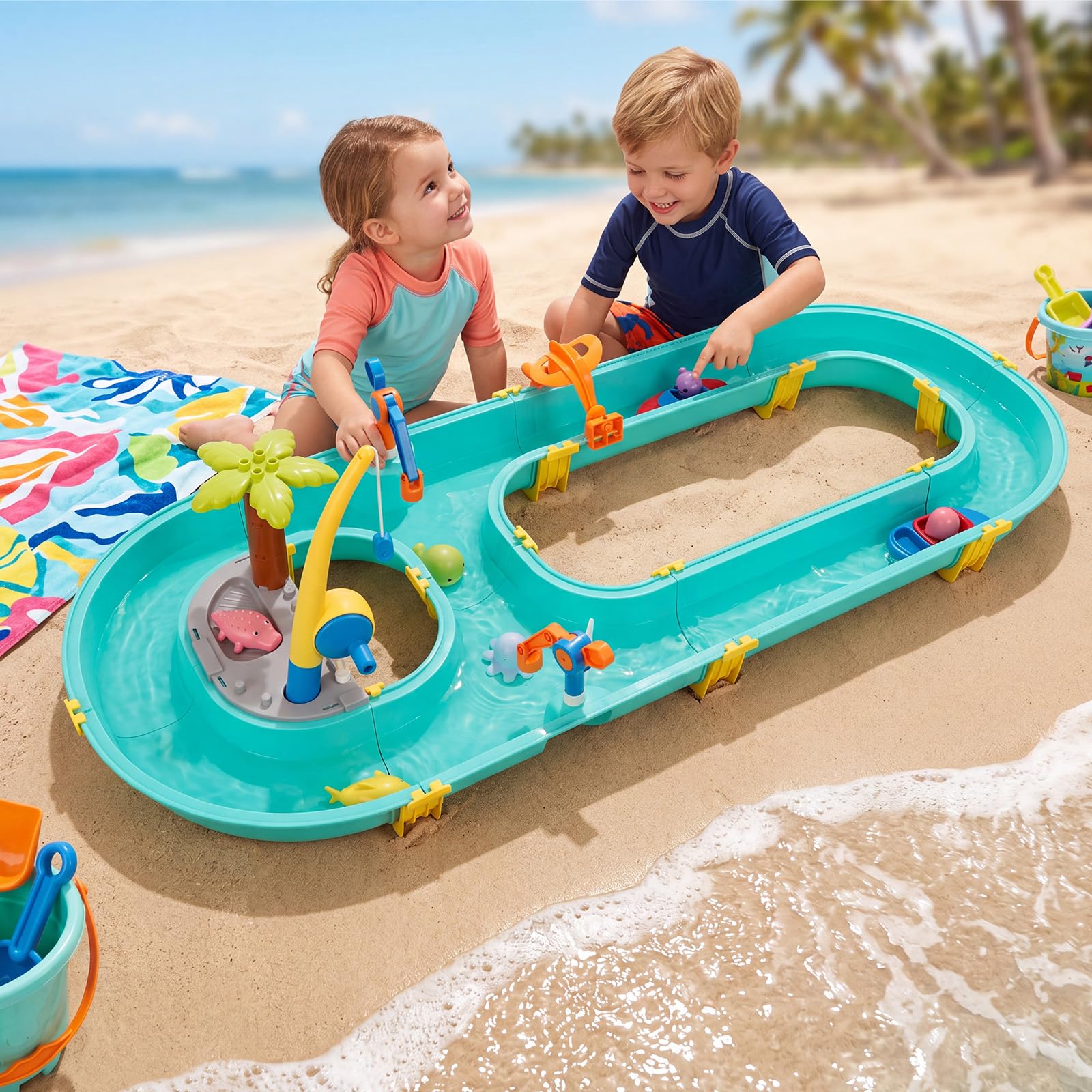 Mesa de Agua para Niños 58 Piezas Juguete de Agua – Esclusas, Barcos y Caña de Pescar Magnética Incl. 6 Figuras de Animales | Juguete Acuático para Niños de 3+ Años para Jardín, Terraza y Playa