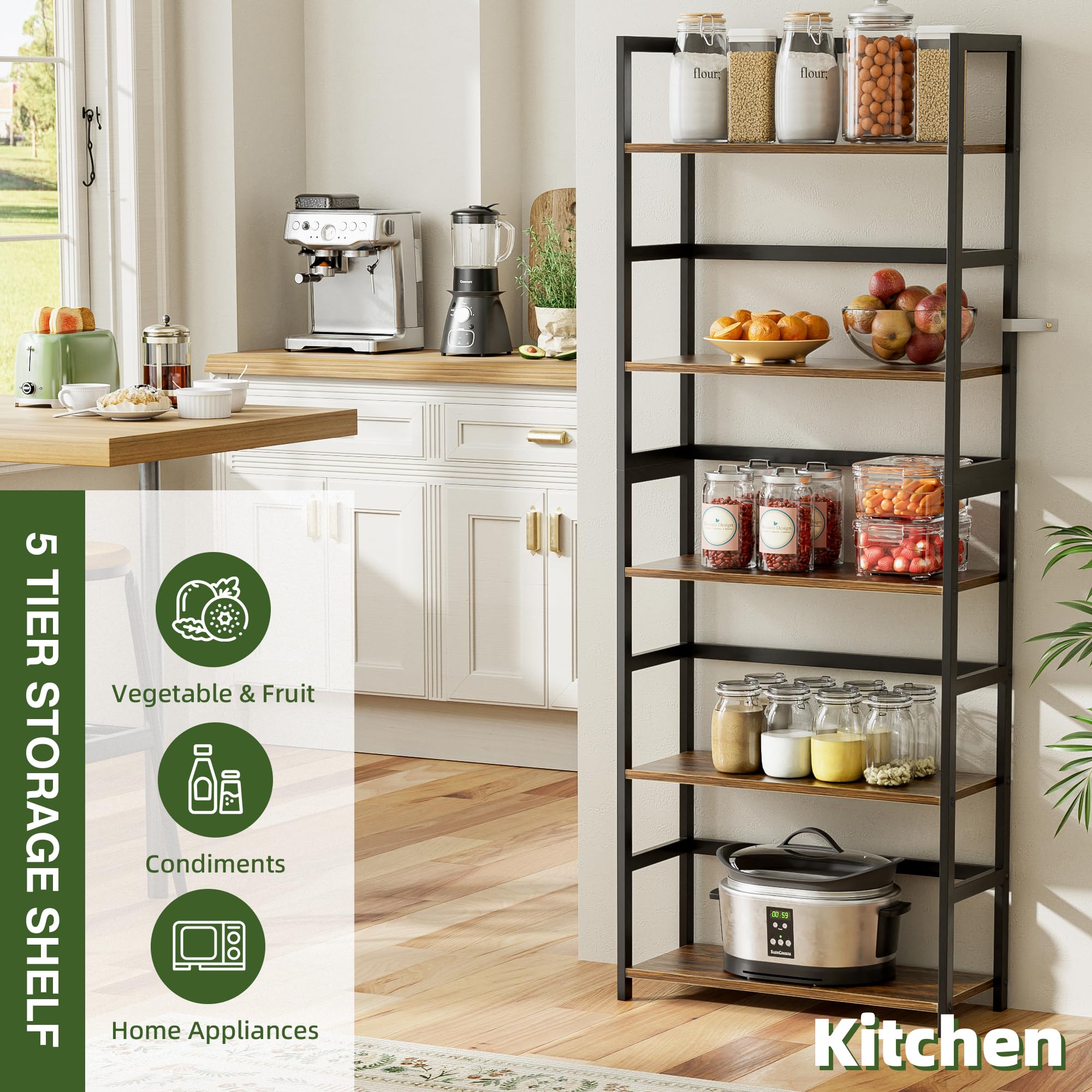 Estantería de madera de bambú de 5 niveles, estante alto de almacenamiento, estantería grande, organizador industrial moderno para el hogar, oficina, sala de estar, cocina, dormitorio (marrón 9