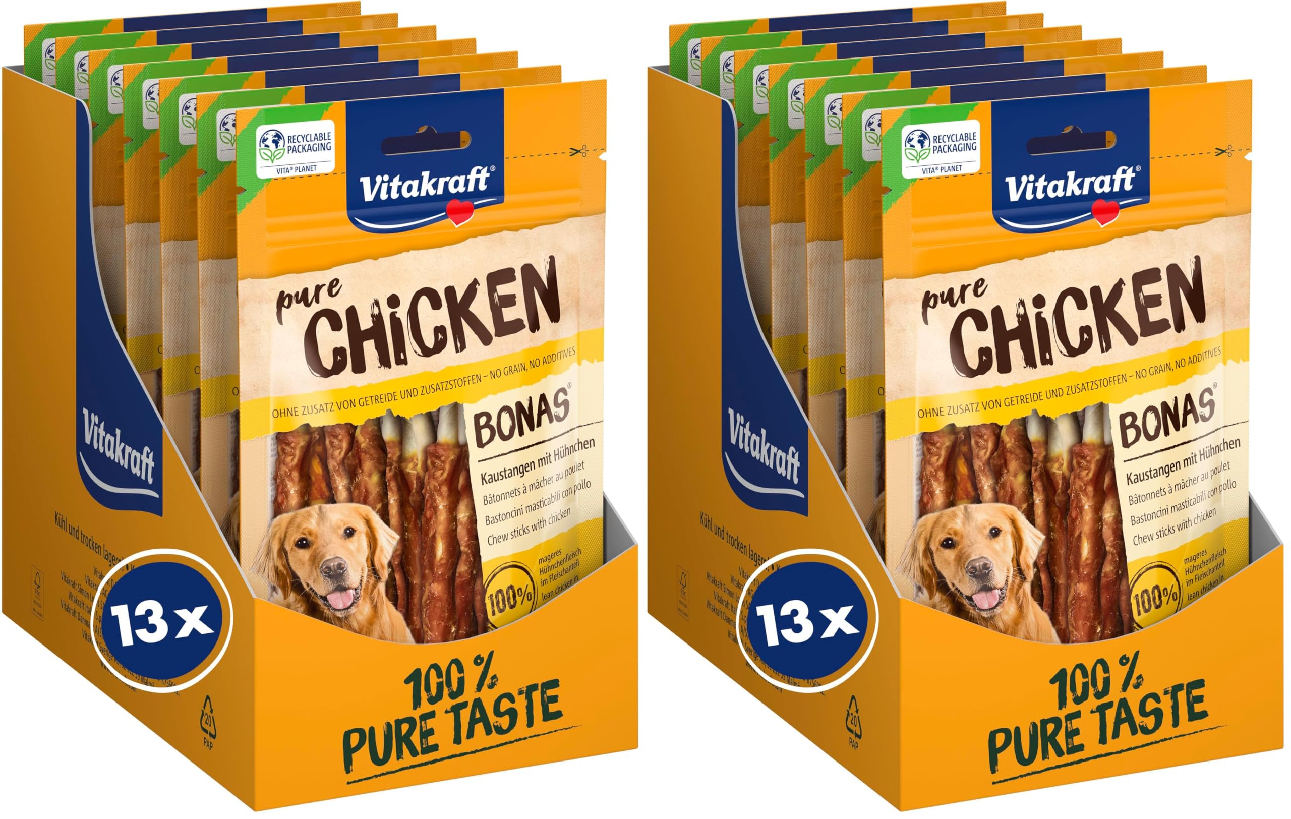 Vitakraft Pure Chicken Bonas, golosinas para Perros, palitos masticables con Pollo, golosinas de adiestramiento para Perros, sin azúcar añadido (13x 80g) (Paquete de 2)