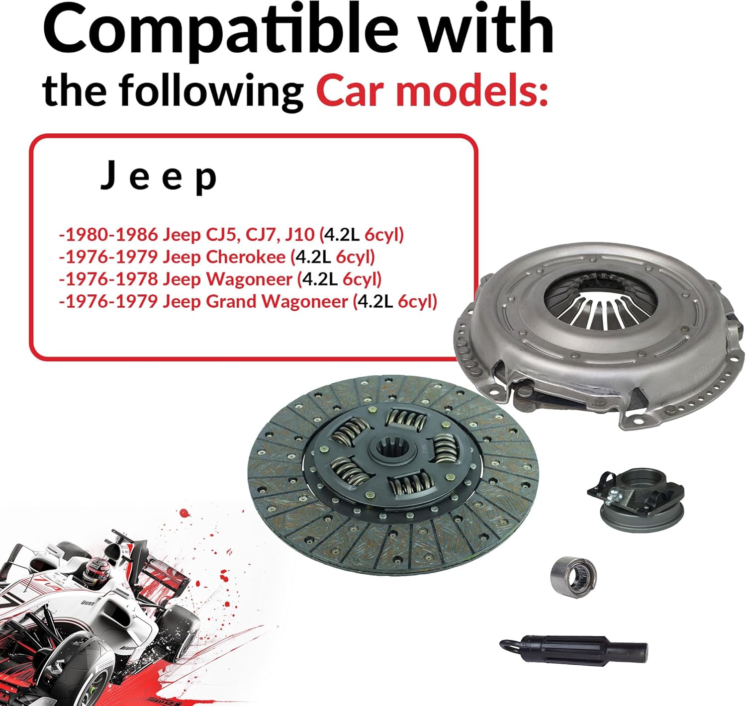 Clutch Kit compatible with Cherokee Wagoneer Cj5 Cj7 Base Laredo Renegade Limited Chief Pioneer Sport Utility 1980-1986 4.2L l6 GAS OHV Naturally Aspirated (01-017)