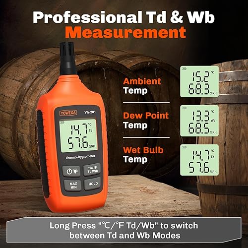 Miniatura 4 de YW-201 Medidor de temperatura y humedad, termómetro digital higrómetro con ambiente, punto de rocío, bombilla húmeda para interiorexterior,