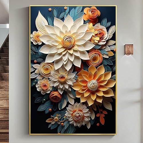 Abstract Flower Pictures Beige and Orange Painting Blue and White Floral Artwork
