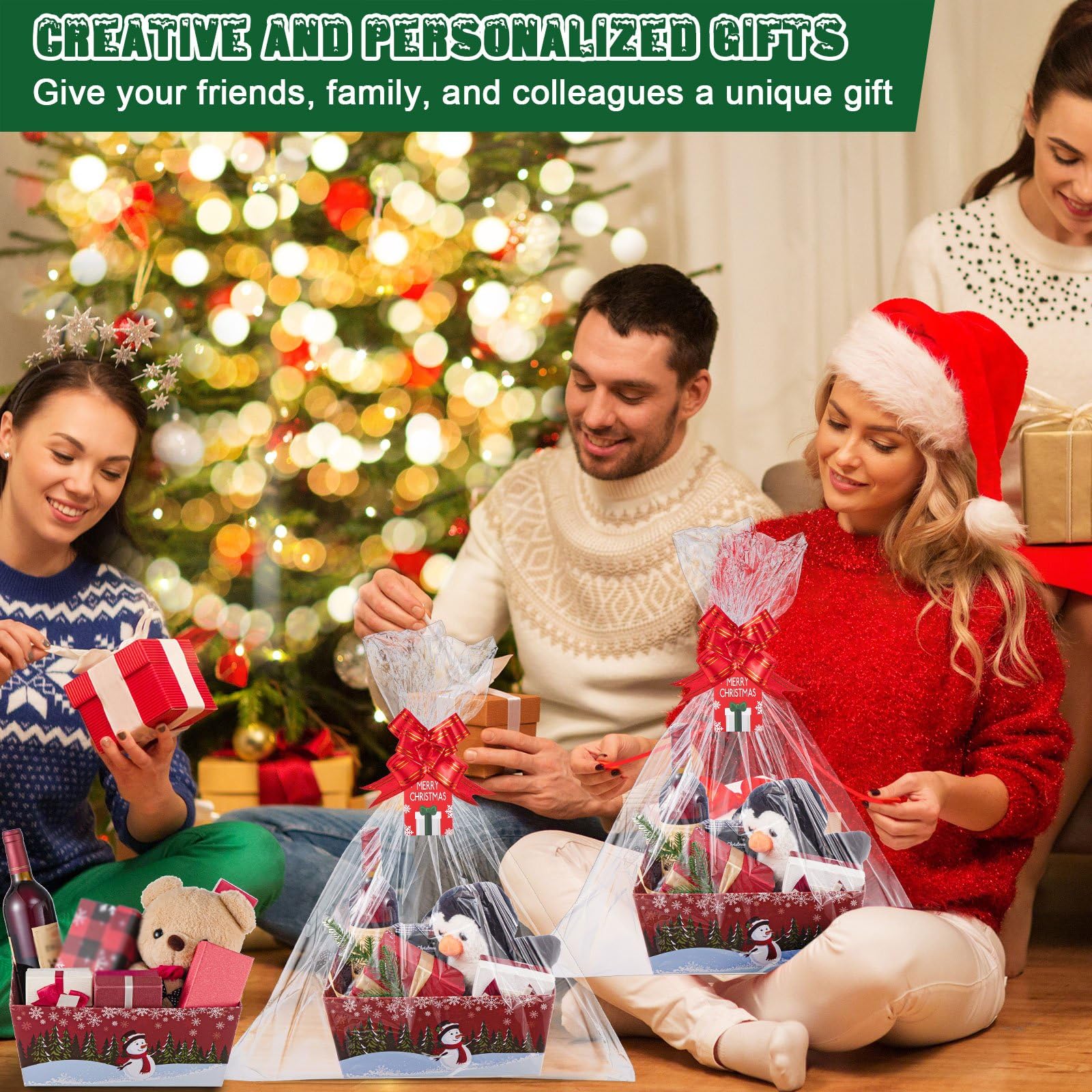 Cholemy Cesta grande de Navidad de 12 x 10 pulgadas para regalo vacío, kit de cesta de cartón kraft resistente con asas, juego de cestas de regalo con bolsas de cesta, lazos rojos, tarjeta de Navidad
