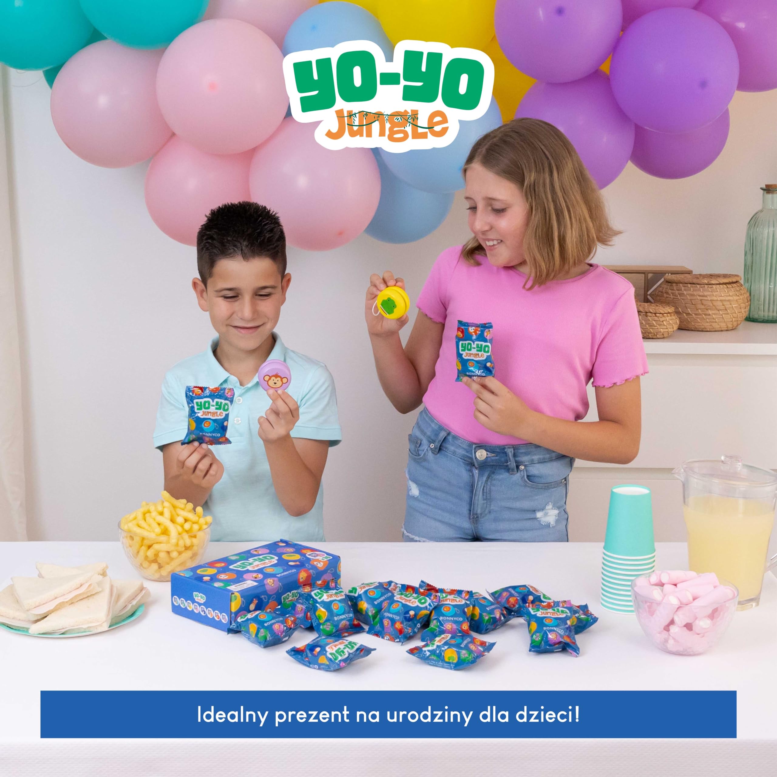 BONNYCO Zestaw dla Dzieci Jo-Jo 16 Zwierzątek, Wypełniacze do Torebek. Drewniane Jo-Jo, Akcesoria Imprezowe. Zabawki Interaktywne dla Dzieci, Upominki na Urodziny