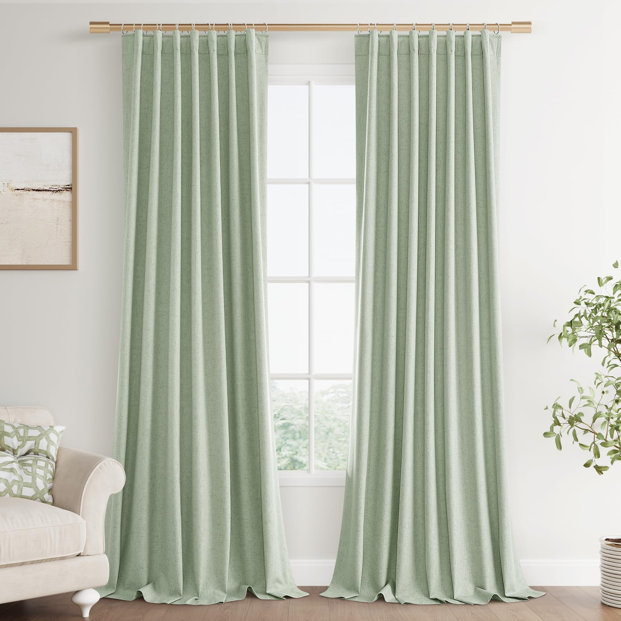 Joywell 100% Blackout Linen Curtains 102 Inches Long for Bedroom 2 Panels Set Black Out Curtain Light Blocking Drapes for Living Room Large Window