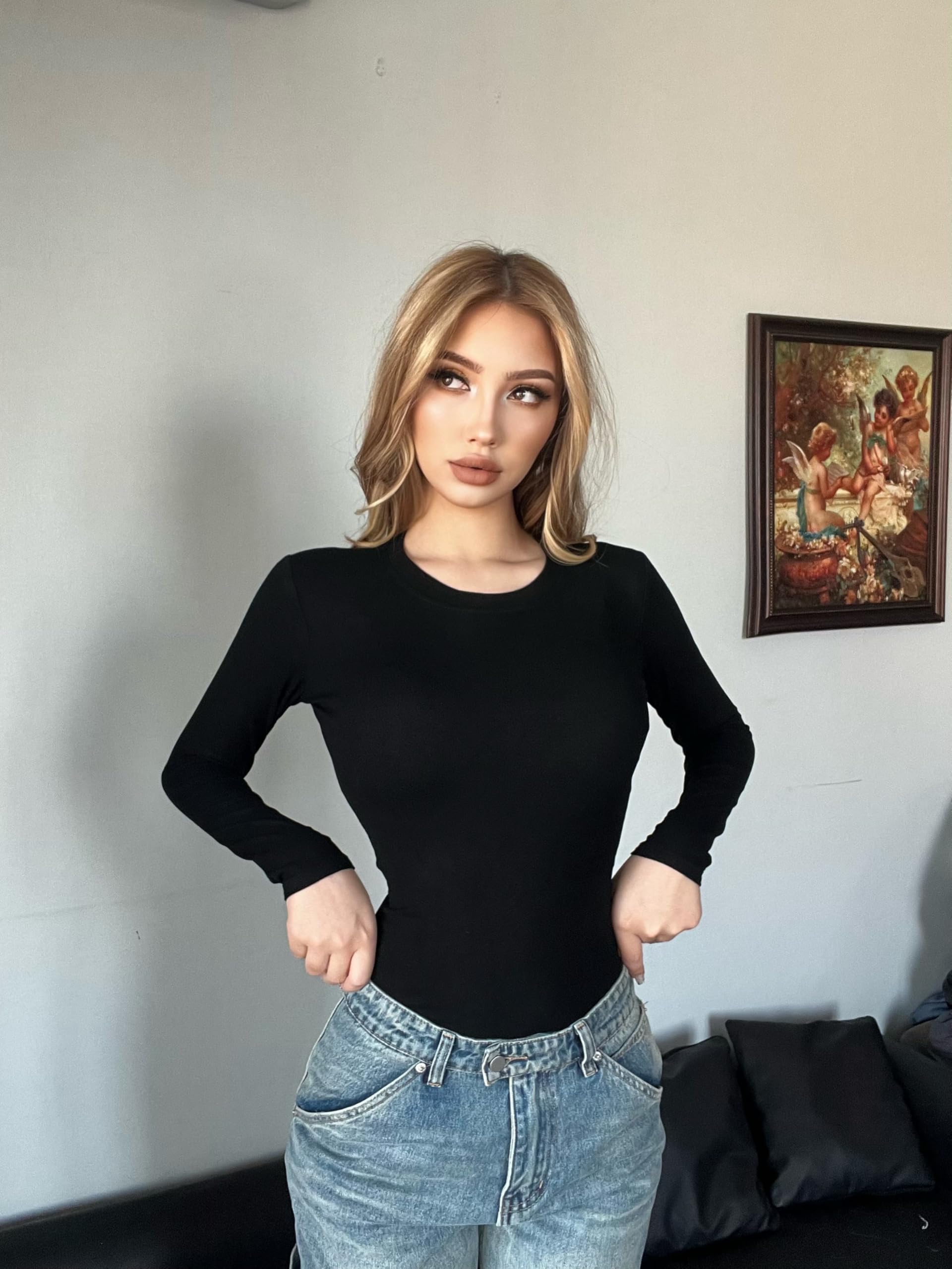 Chongbaijia Paquete de 5 mamelucos de manga larga para mujer, cuello redondo, casual, elástico, básico, camisetas