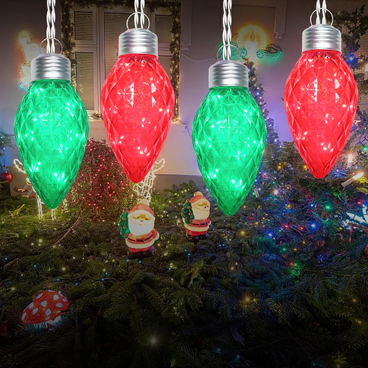 Red and Green Jumbo C9 Christmas Lights - 4 Bulbs 60 LED Giant C9 Outdoor Hanging String Lights for Tree Porch Gazebo Eave Decorations, 12 Feet White Wire, Connectable, Red and Green - Twinkling