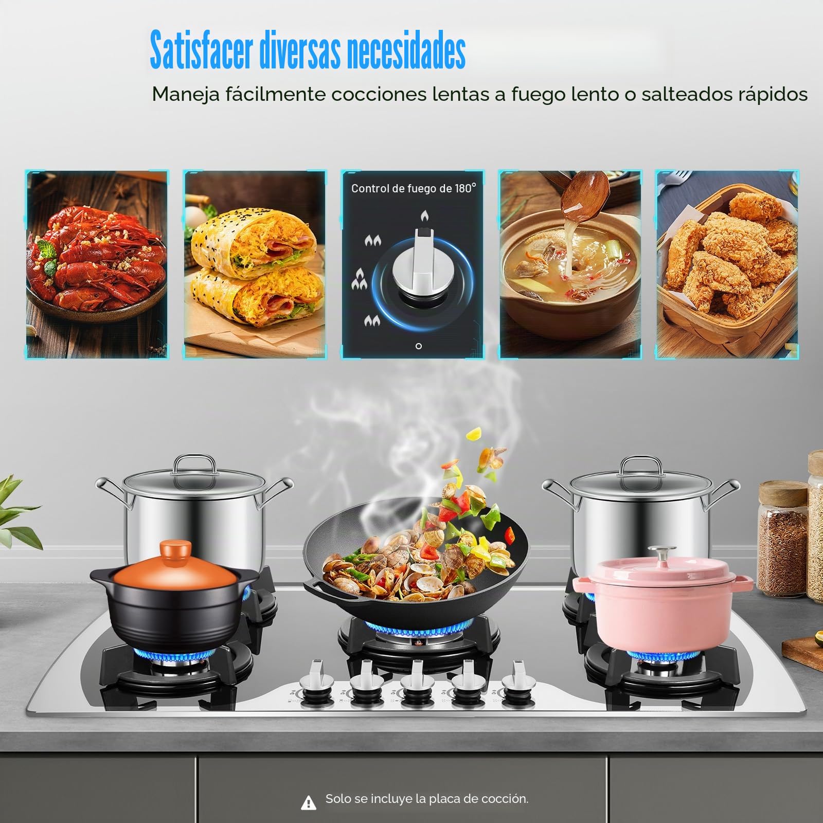 Placa de cocción con 5 quemadores de 5 zonas, quemador de gas, con estante para ollas para cocina doméstica o comercial en casas o restaurantes, 90 cm