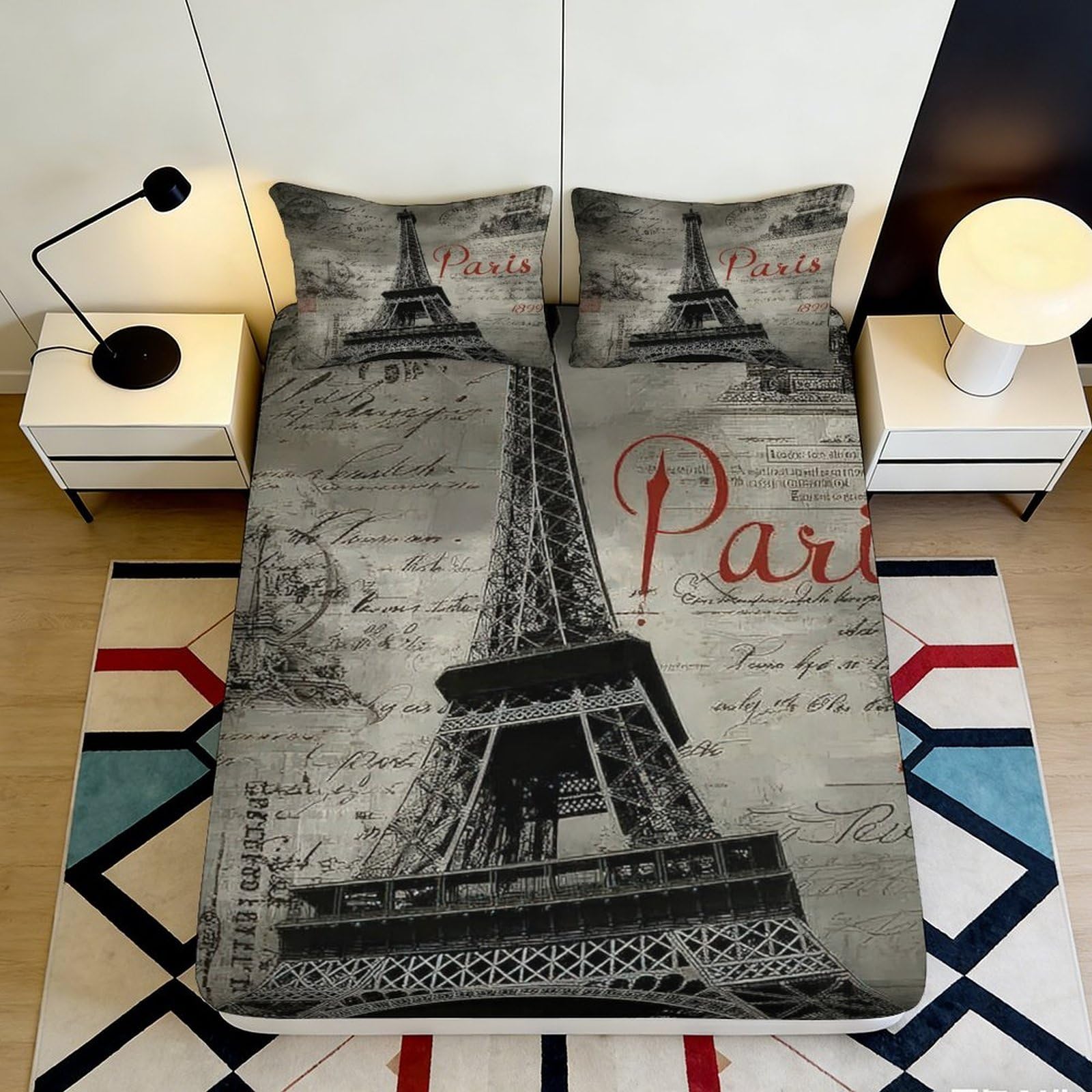 3D Printed Eiffel Tower Fitted Sheet Microfiber Deep Pocket Bedroom Paris Mattress Fitted Cover Elastic Hem 120x200x25cm