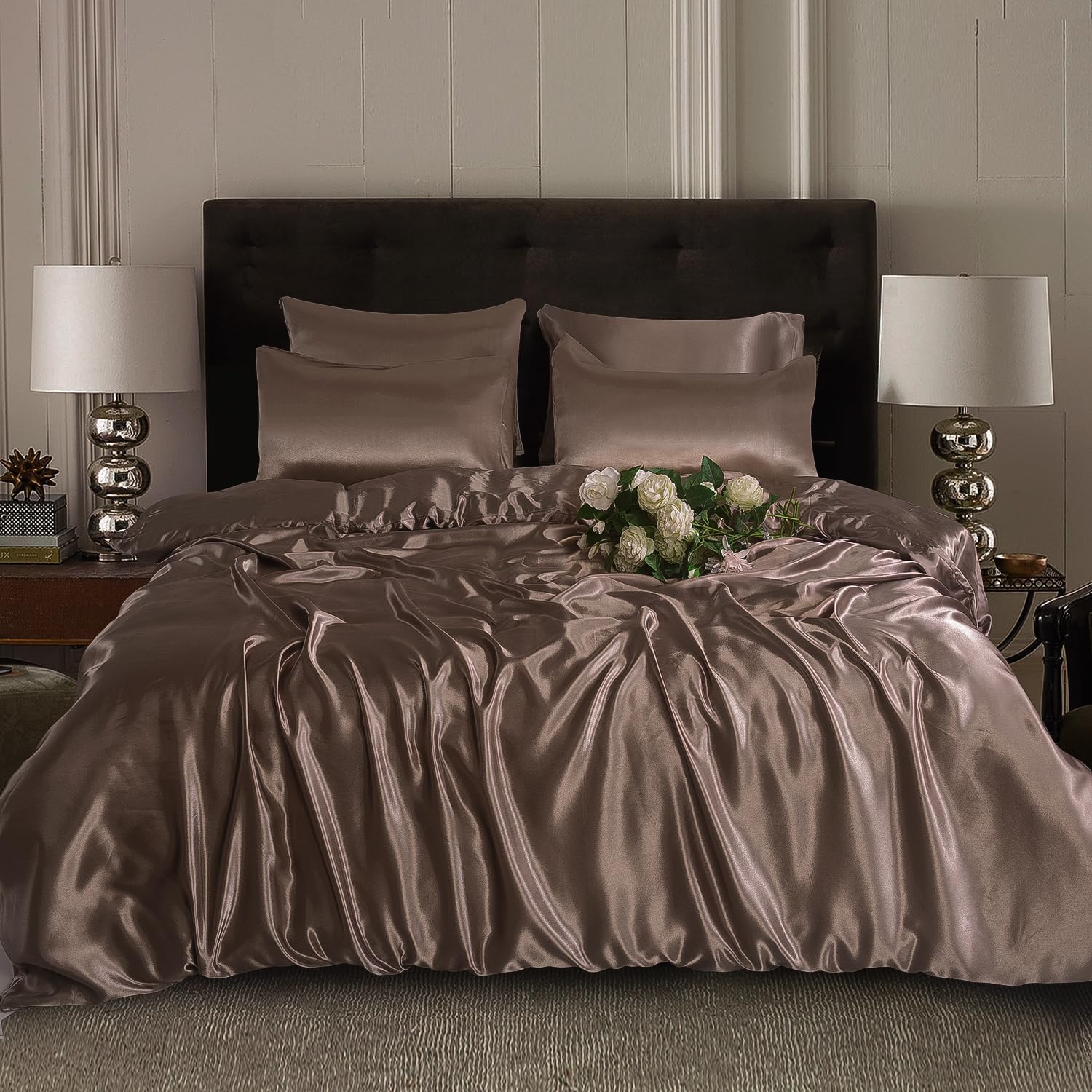 6-Piece Luxury Satin Duvet Cover Bedding Set Plain - Ultra Luxury Soft, Silky Bed Set Include (1xDuvet Cover, 1xFitted Sheet, 4xHousewife Pillow Case) (Super King, Mink)-(Same Day Dispatch)
