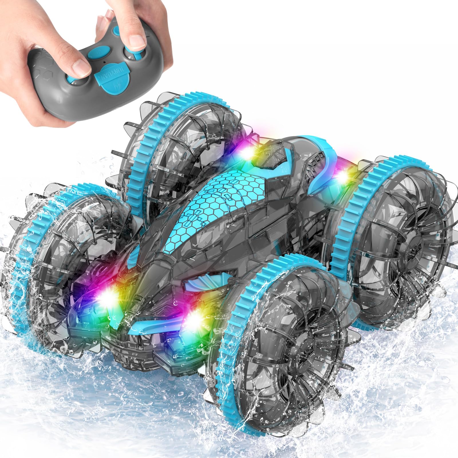 MidiVix Coche anfibio teledirigido, tiempo de juego de 90 minutos, 2,4 GHz, doble cara, giratorio 360°, con iluminación RGB, 4WD RC Auto Juguetes Regalos para niños 6-12 Gris Azul