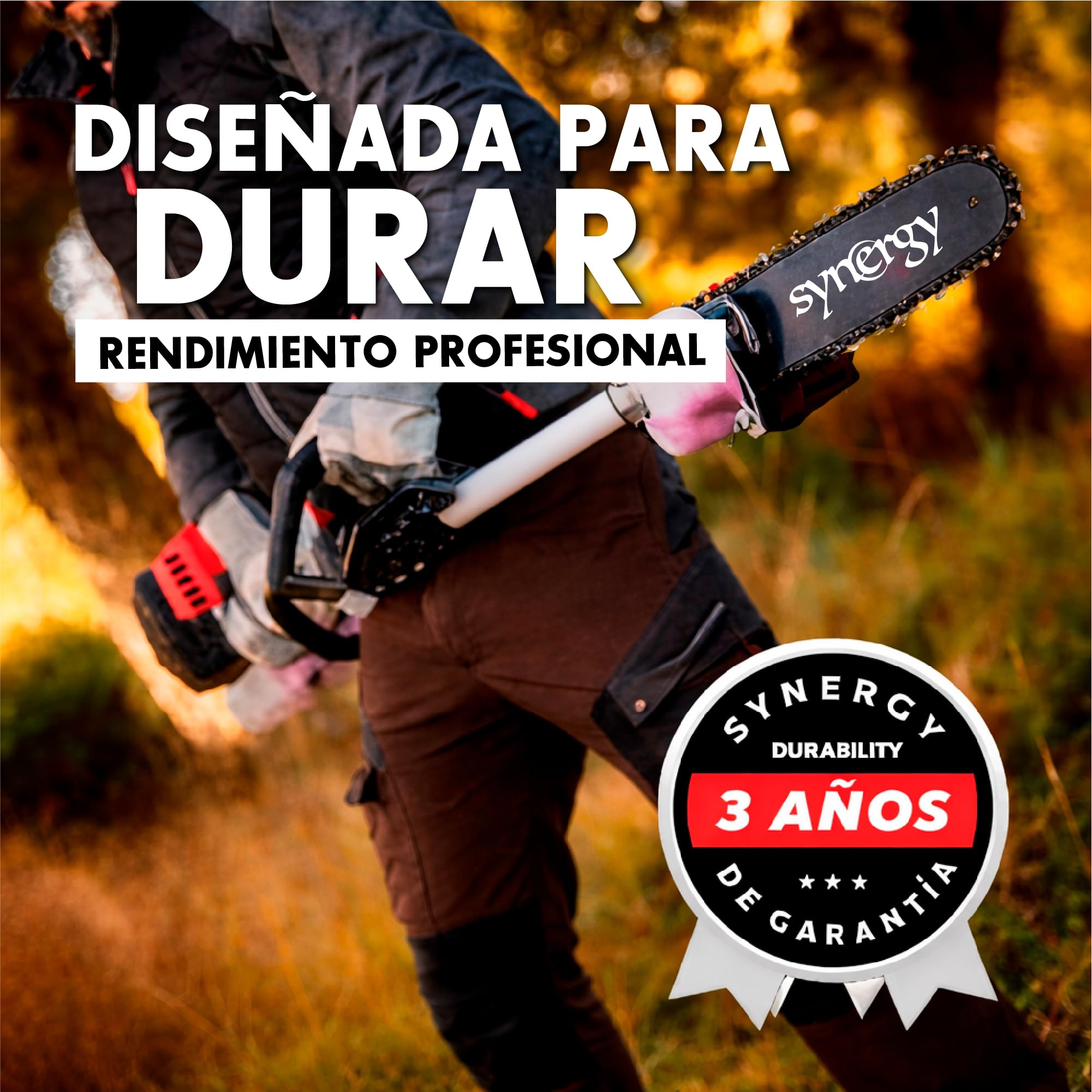 Synergy Podadora de Altura Gasolina 65CC 4,9CV – Espada 25cm, Arranque Easy Cut, Transmisión Reforzada de 26mm, Cinturón de Soporte y Accesorios Incluidos