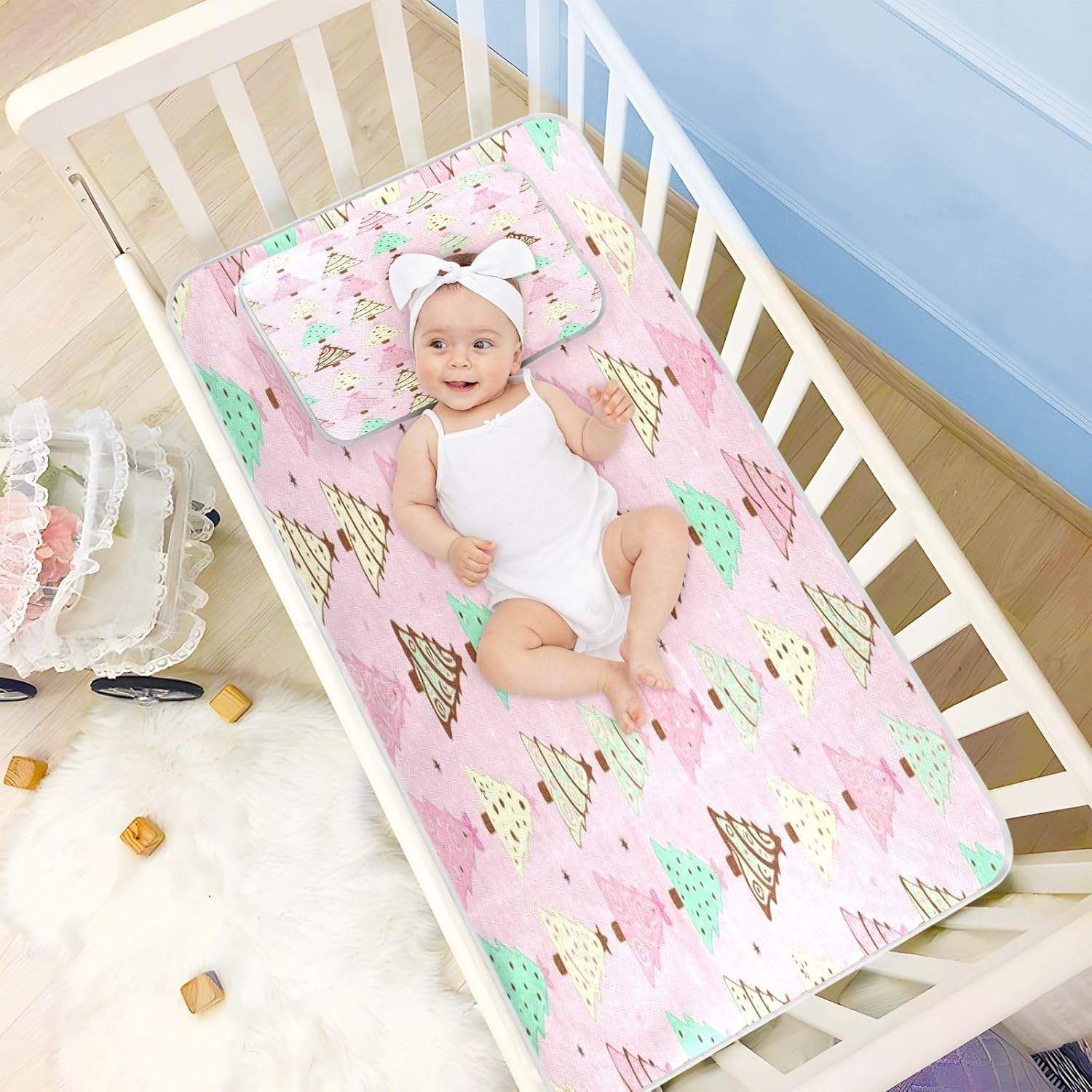 Cooling Baby Bed Mattress 28" x 52" Breathable Cute Christmas Tree Pink Pads for Bed Washable for Baby&Toddler