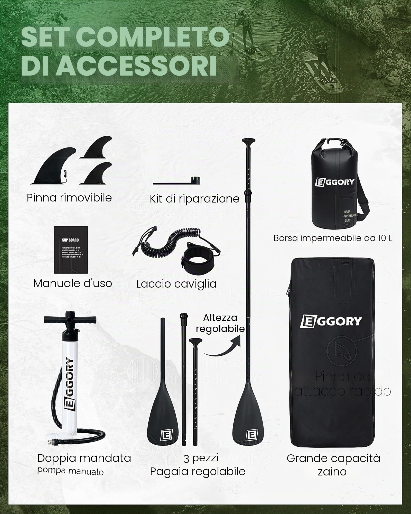 Tavola da surf gonfiabile SUP completa Paddleboard accessori pagaia regolabile, pompa, zaino da viaggio, guinzaglio, borsa impermeabile, tavola per adulti