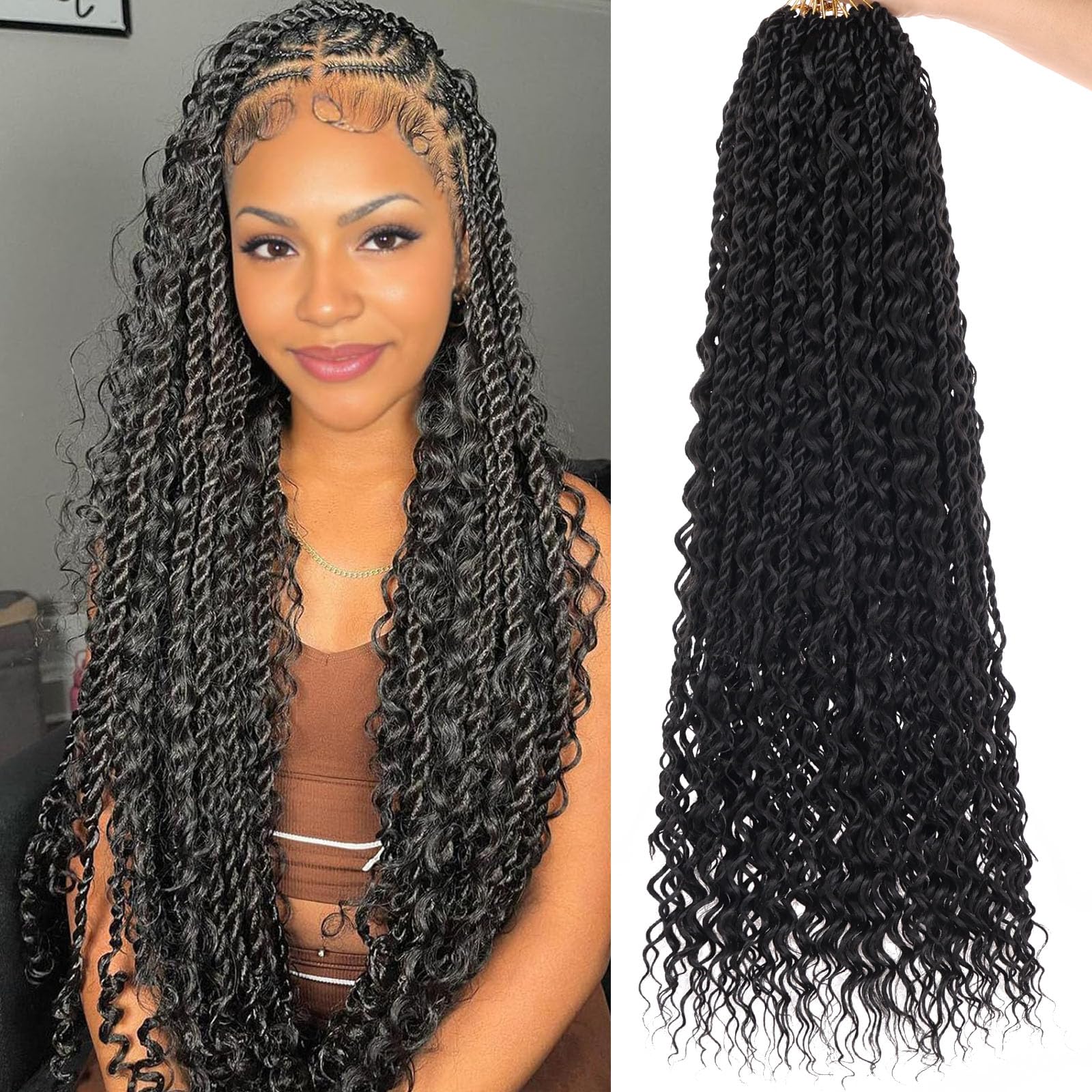 Samtress 24 Inch Boho Senegalese Twist Crochet Hair with Curly Ends 9 Packs Pre-Looped Boho Island Twist Crochet Braids with Curls Bohemian Natural Black Goddess Senegalese Twist Braids for Women(#1B)