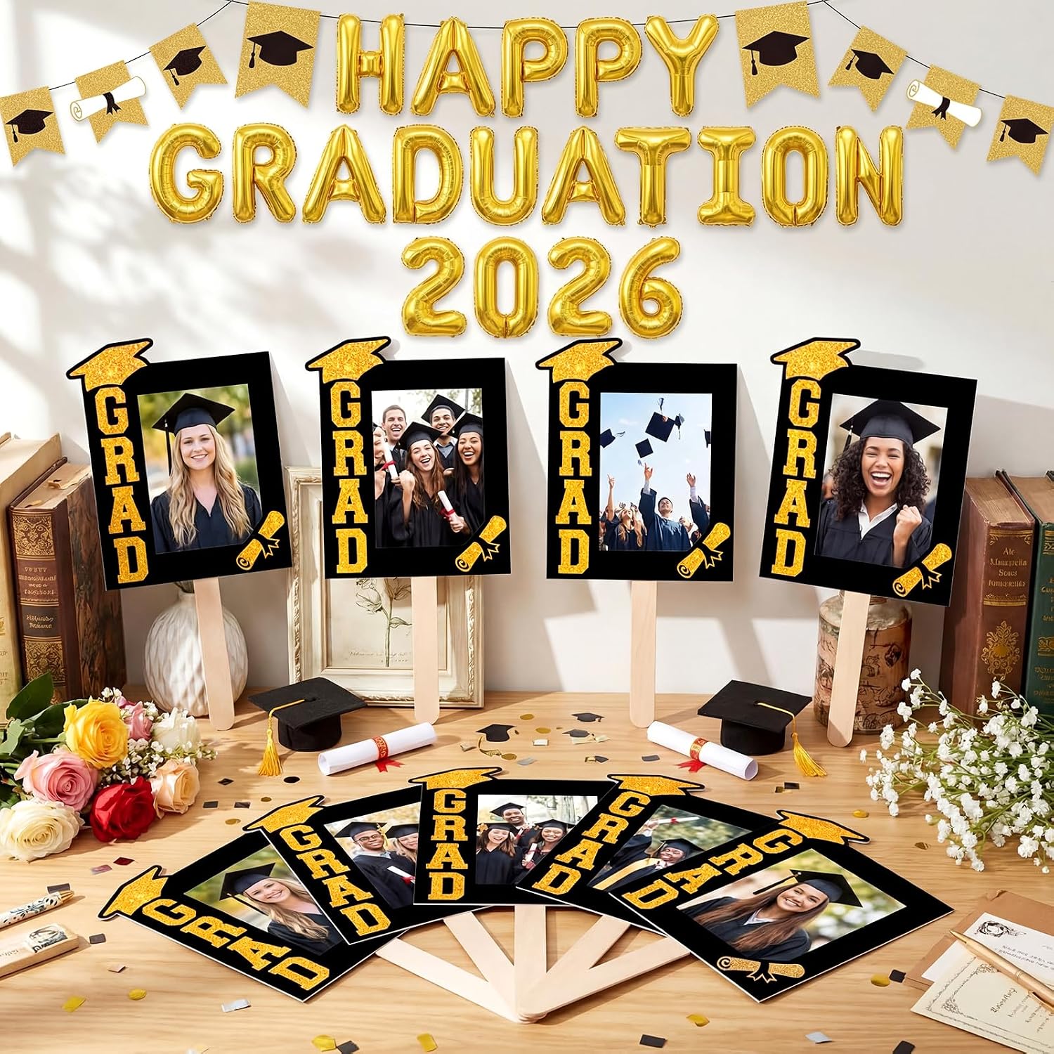 TaoBary 36 Set DIY Graduation Fans Handheld Set for 4x6 Inch Pictures Class of 2026 Double Sided Big Personalized Fans Photo Props Head Cutout Fan for 2026 Grad Picture Frame Party Supplies (Black)
