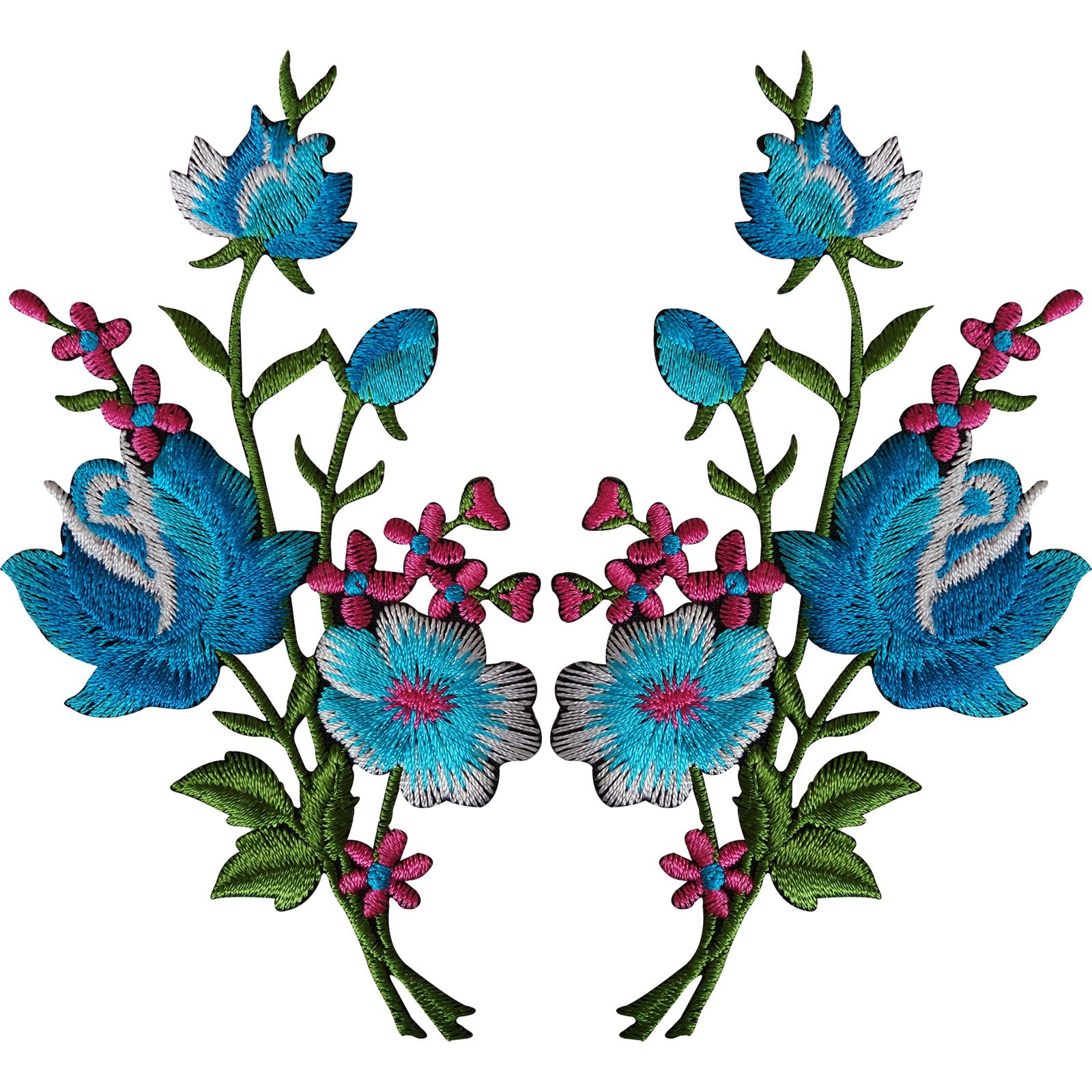 Ellu Blue Pair Of Flower Embroidered Patches Iron Sew On Floral Patch Craft Applique Motif
