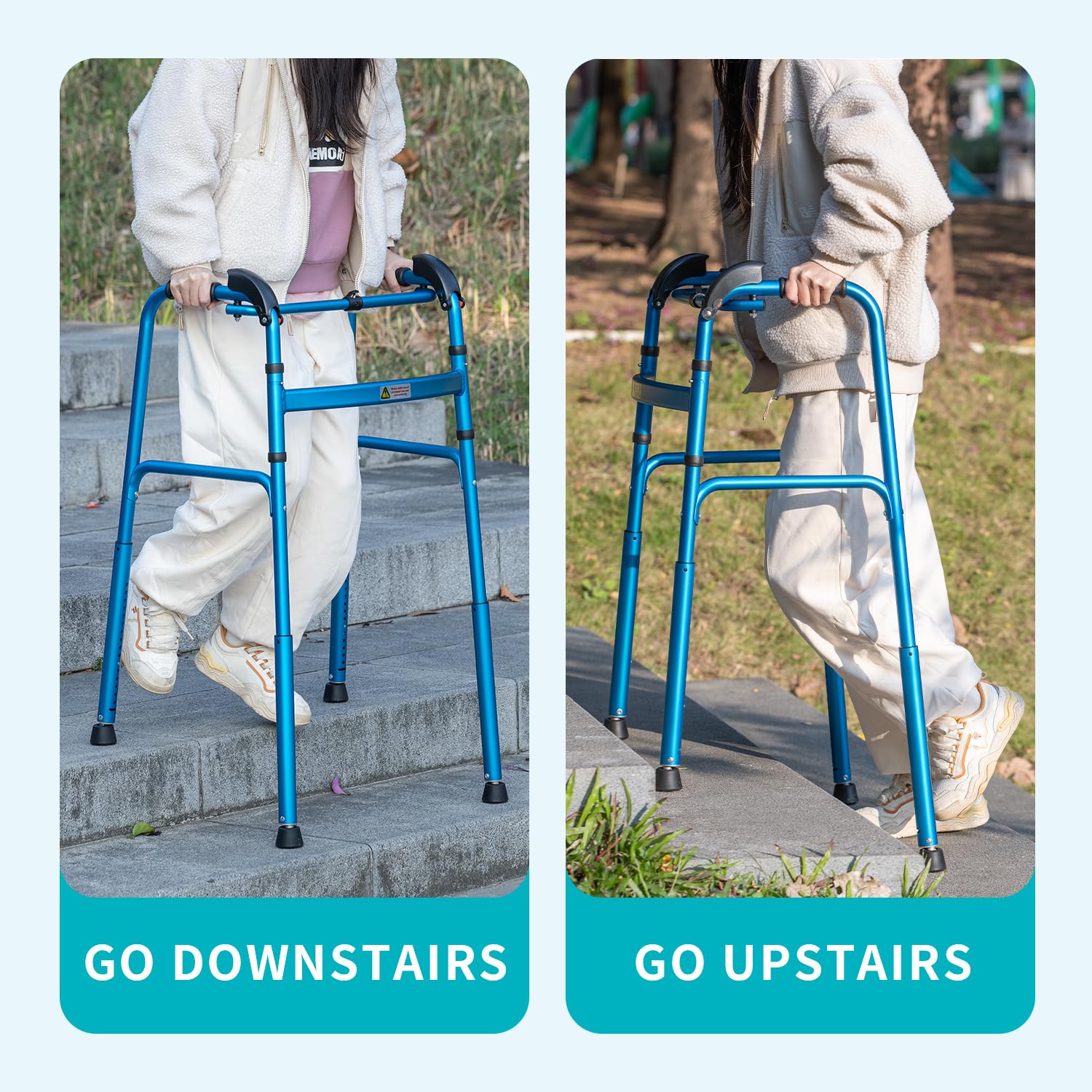 NORTTA Foldable Stair Climbing Walker for Seniors,Adjustable 4-Leg Height Safety and Convenience Blue
