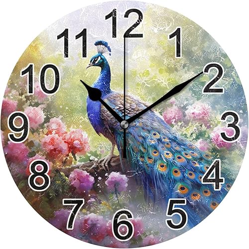 Reloj de pared con rosas de pavo real, silencioso, sin tictac, reloj de cocina grande, decorativo, funciona con pilas, 10 pulgadas para decoración