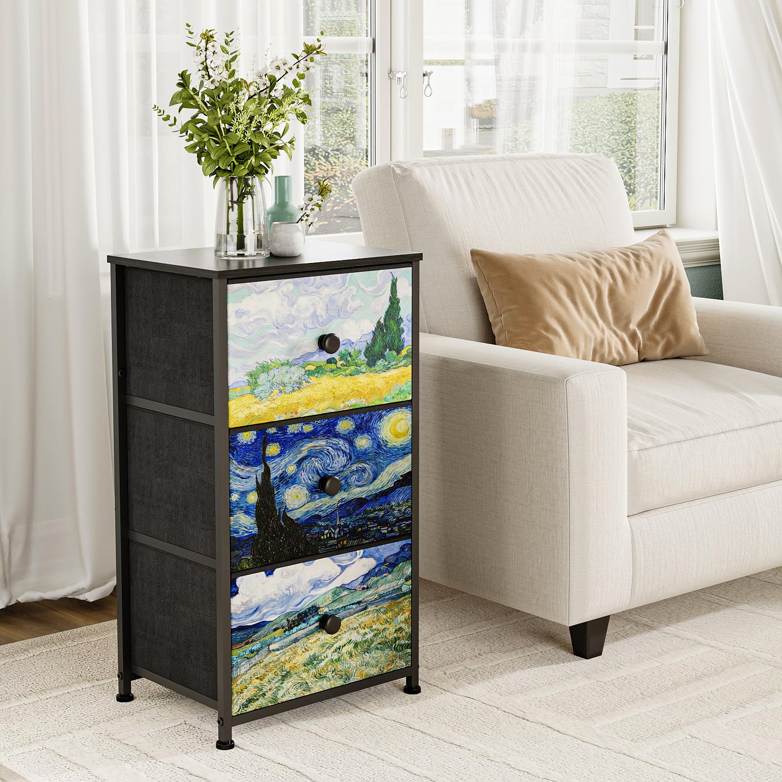 Cómoda con 3 cajones de tela Van Gogh para tocador, armario de almacenamiento para dormitorio, armario industrial pasillo, salón, habitación infantil en oferta en Amazon