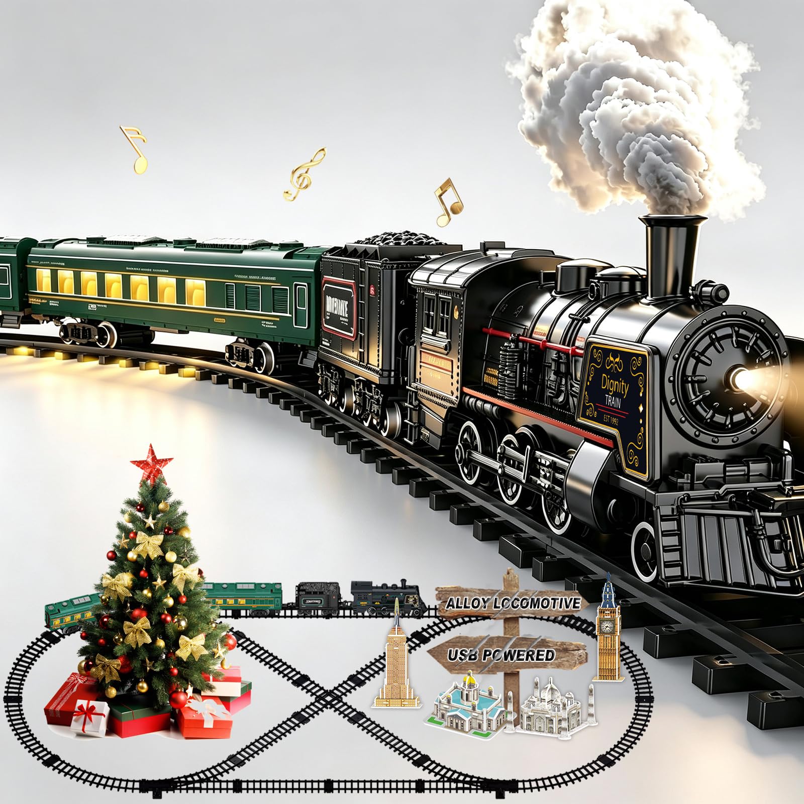 Electric Train Sets for Kids Metal Alloy Christmas Train Toys Steam Locomotive, Glowing Passenger Carriages, Luxury Tracks, Light &amp; Sounds Rechargeable Birthday Gifts for Boys Girls Red Green …