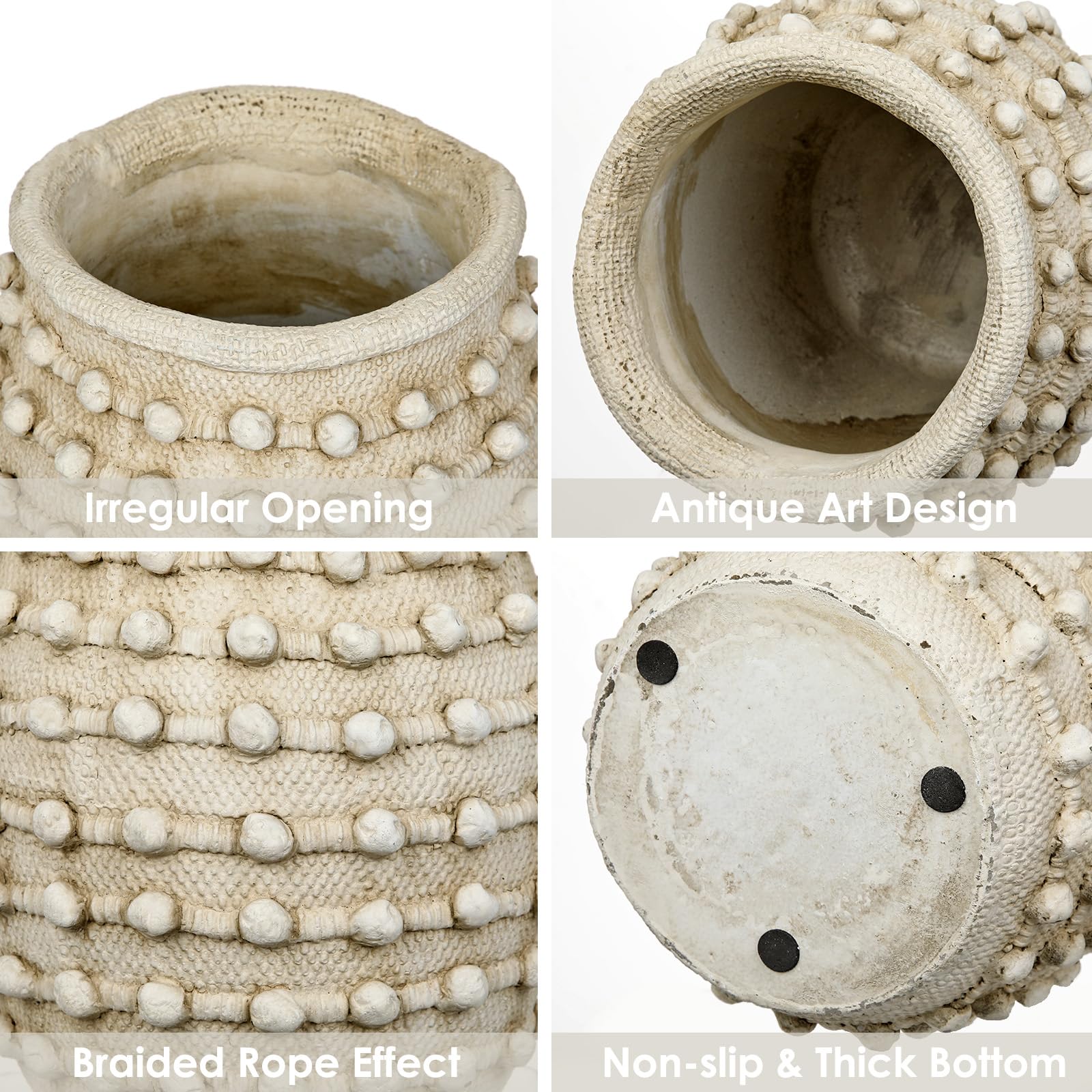 Jarrón rústico de granja, jarrón beige bohemio de 23 cm para hierba de las pampas, jarrones grandes texturizados anudados para flores, jarrones florales decorativos de cemento para decoración del