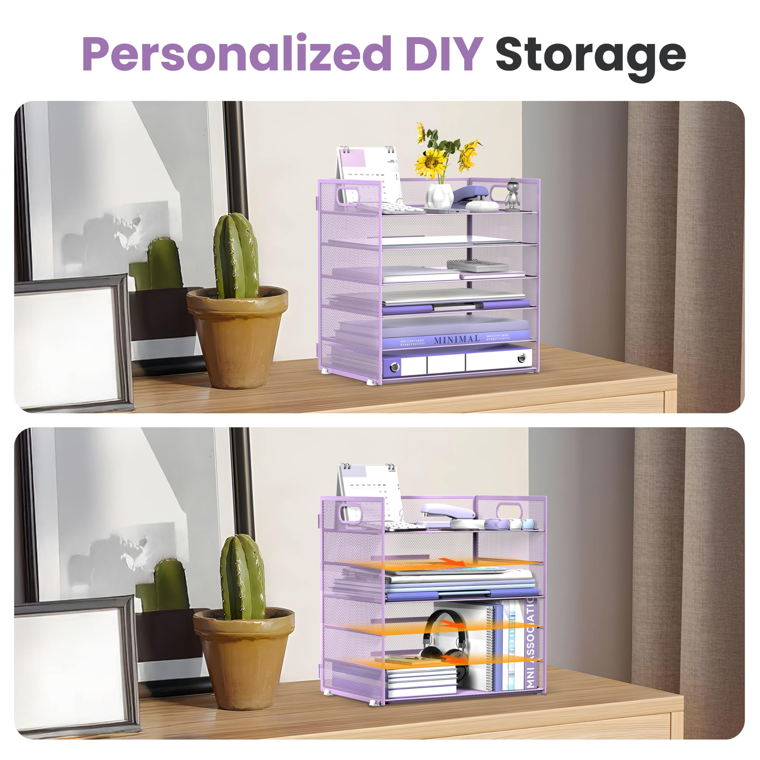 Daltack Organiseur de Papier à 6 Niveaux pour Bureau, bac à courrier en Maille avec poignée pour Bureau, Maison, école, Violet