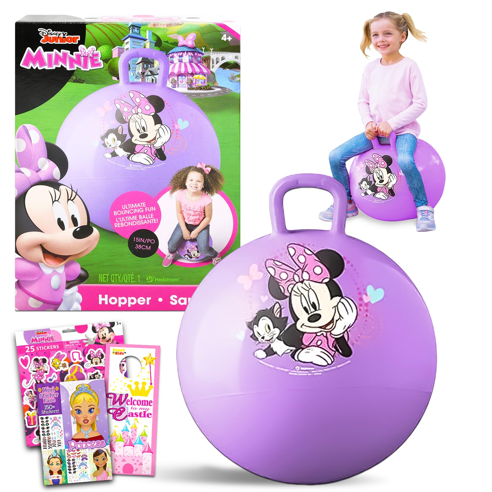Disney Minnie Mouse Hopper Ball for Kids - Bundle with 15 Inch Minnie Bouncy Ball with Handle, Stickers, and More (Minnie Mouse Outdoor Toys)