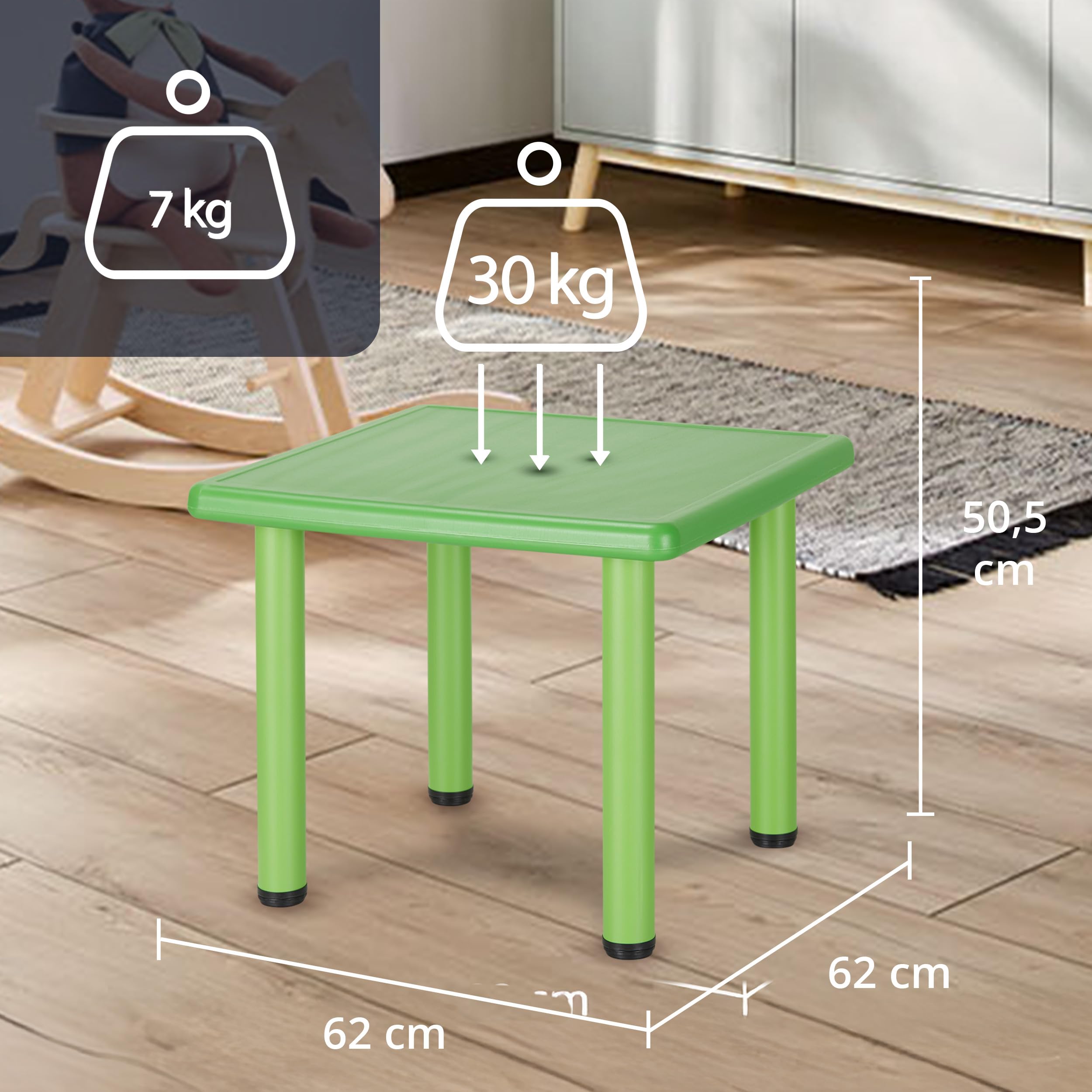 KHG Kindertisch Grün Sitzgruppe aus pflegeleichtem Kunststoff für Drinnen & Draußen, 30kg belastbar, sicher & geprüft 62x50x62 cm