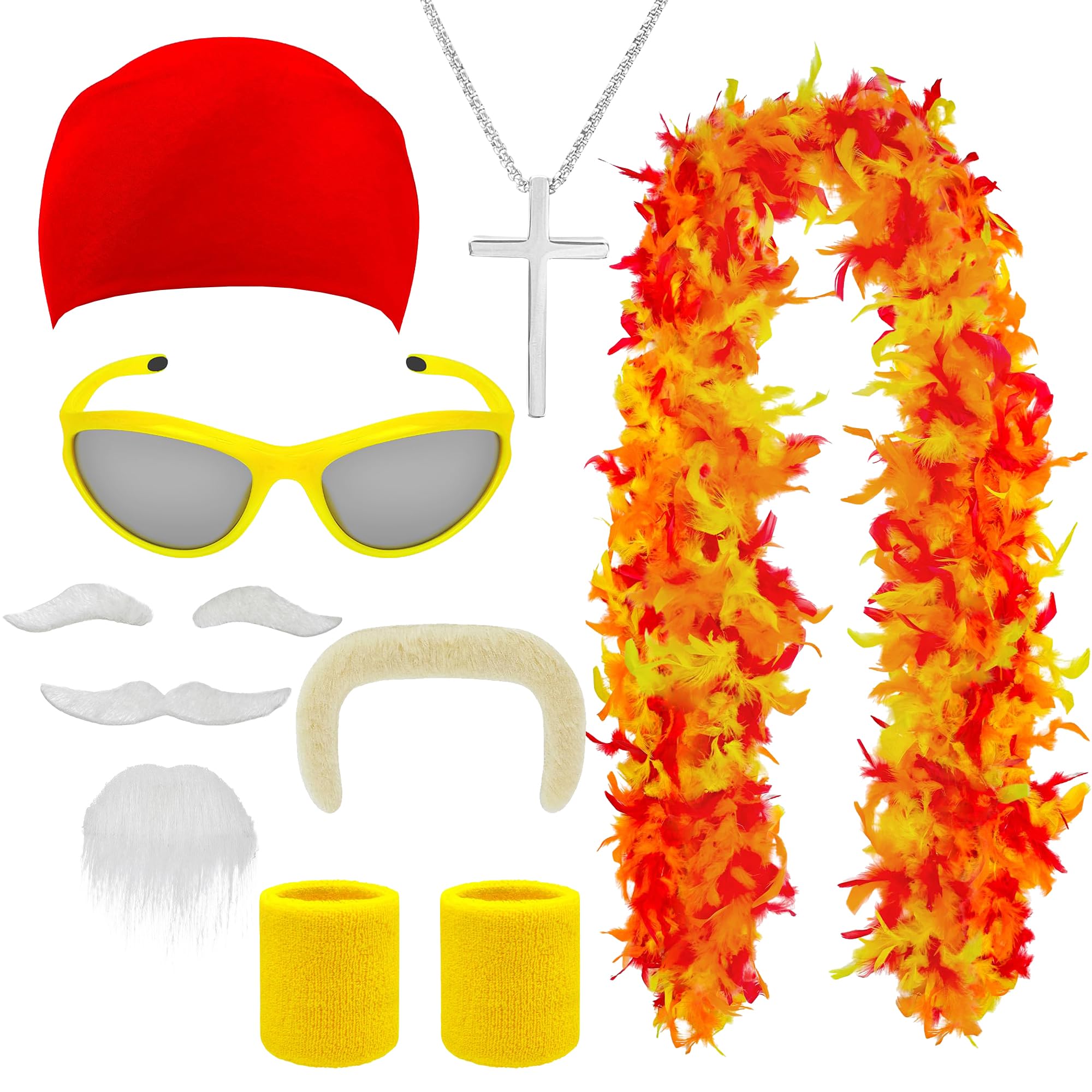 7-Piece Wrestling Costume Set- Great Value 7-in-1 Kit with Turkey Feather Scarf, Shatterproof Glasses & 2 Beards