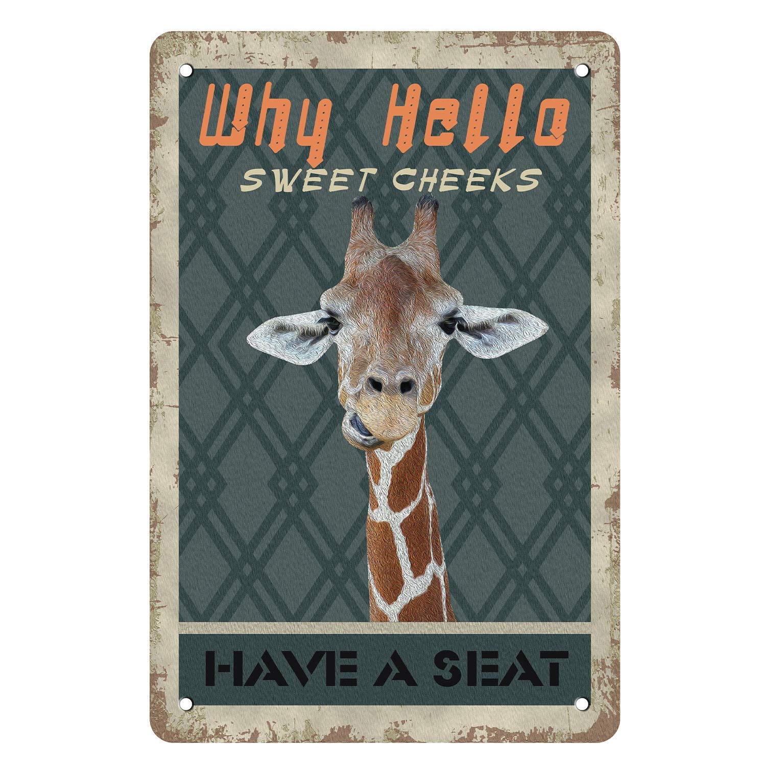 AZOLID Funny Tin Sign Why Hello Sweet Cheeks Have A Seat Giraffe Tin Sign Wall Art Metal Poster for Home Bar Cafe Garage Bathroom 30x20CM