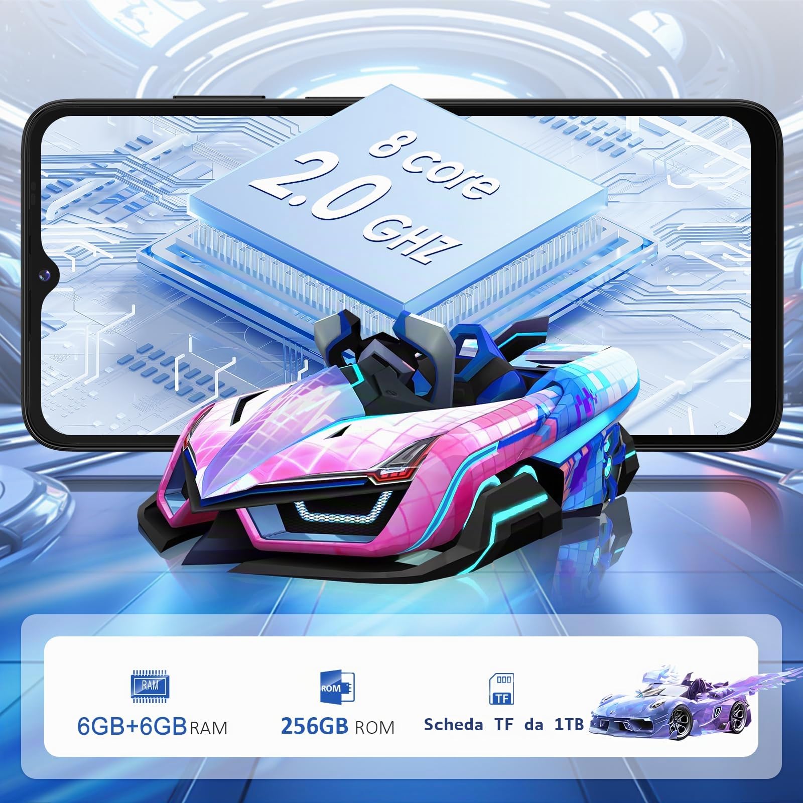 redbeat E3 Gaming Phone Android 14 Smartphone Sbloccato - 1.6GHz Processore Octa-Core 6.6" HD 12GB RAM 256GB ROM (1TB Espandibile)，5000mAh Battery，4G LTE Dual SIM，50MP Camerca Telefono Blu