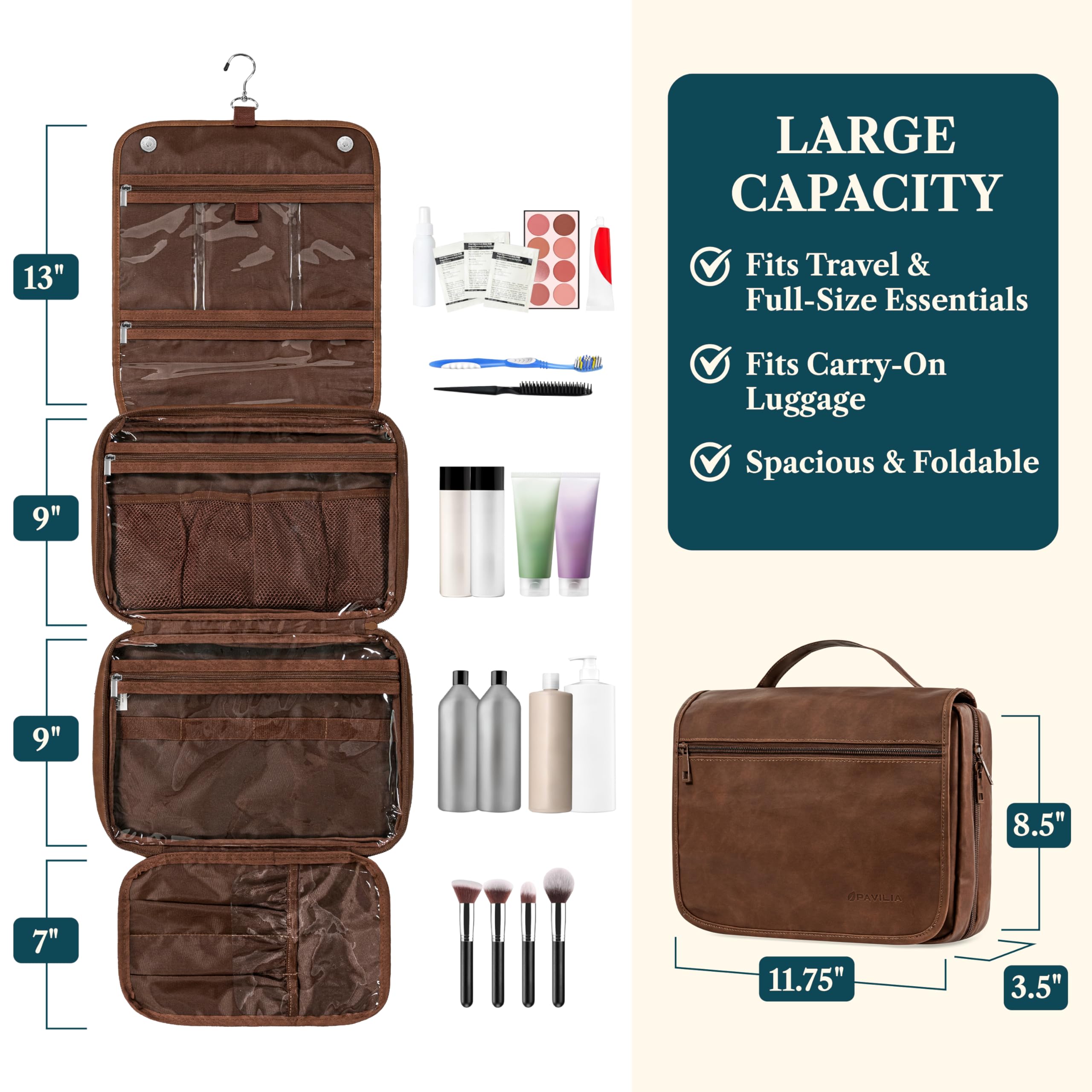 PAVILIA Borsa da toilette da appendere per donne e uomini, borsa da viaggio pieghevole per cosmetici, borsa da viaggio resistente all'acqua, grande kit essenziale da viaggio