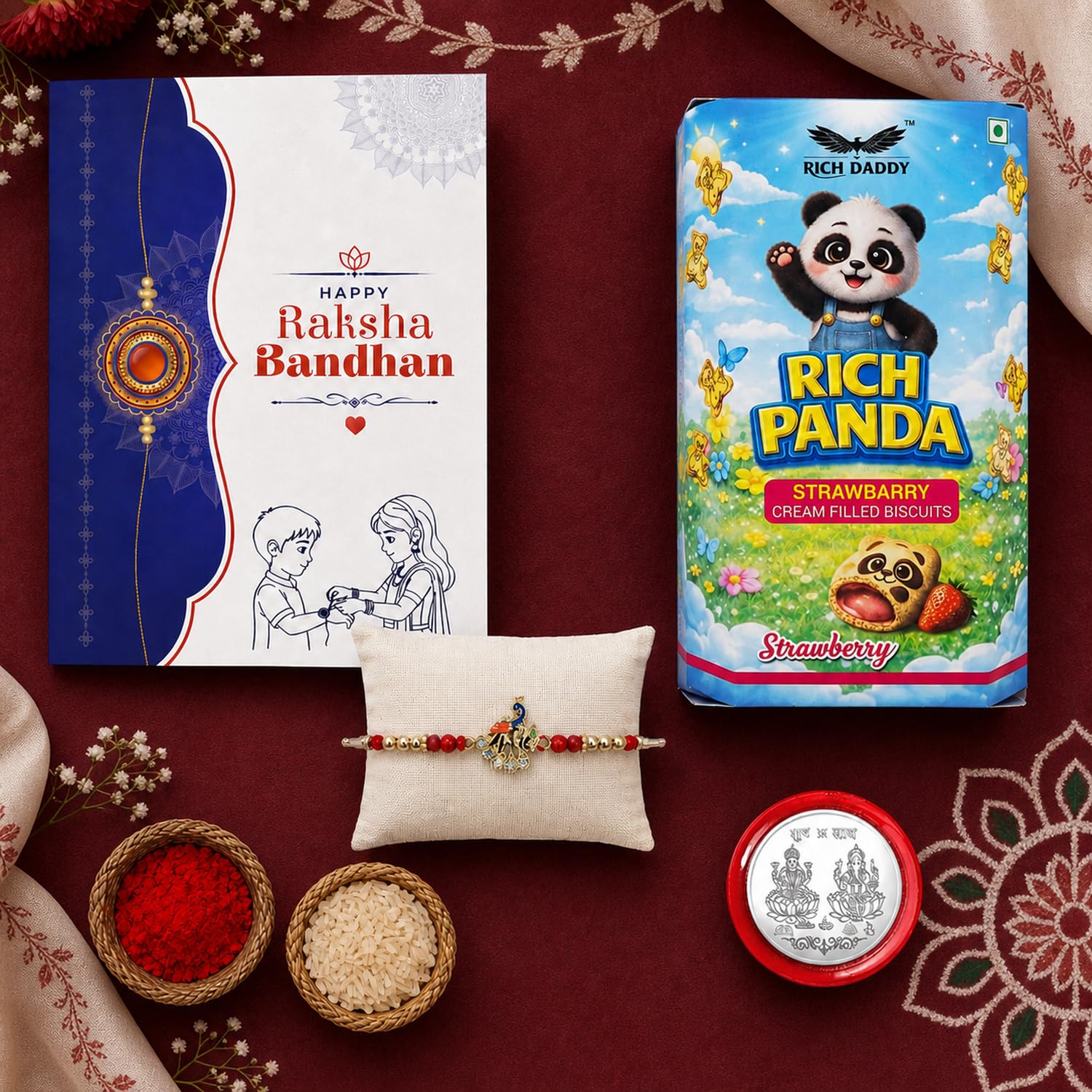 Garth Peacock Multicolor Rakhi for Brother & Bhaiya with Strawberry Cream Filled Biscuit 60gm - Raksha Bandhan Gift Set with Roli Tikka, Pooja Coin & Greeting Card, Pack of 5 (1160)-image-40