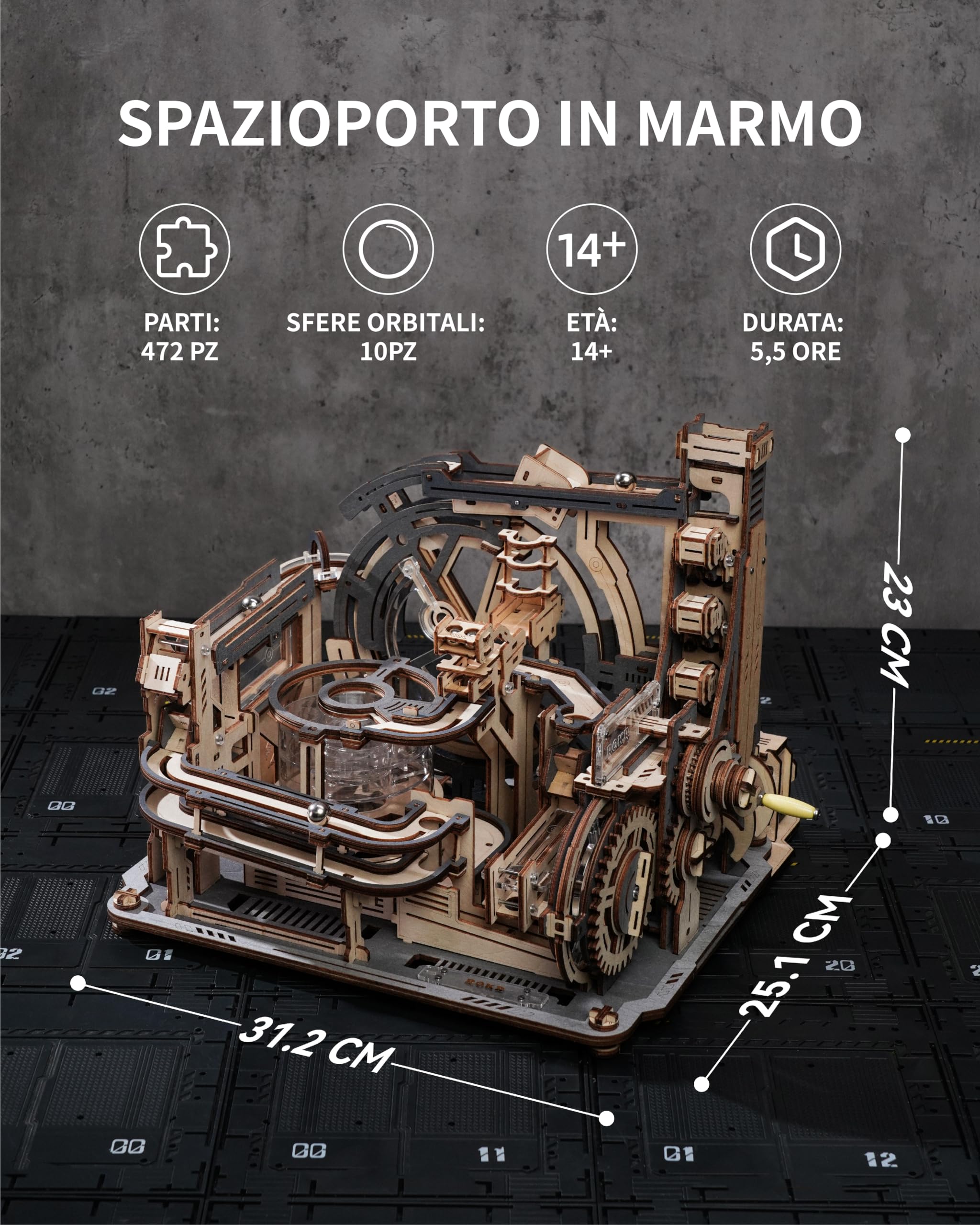 ROKR Piste da corsa Puzzle 3D Legno Modellini da Costruire in Legno, Kit Modello Meccanico a Motore con sfere, Modalità Automatiche e Manuali, Marble Spaceport, LGC01