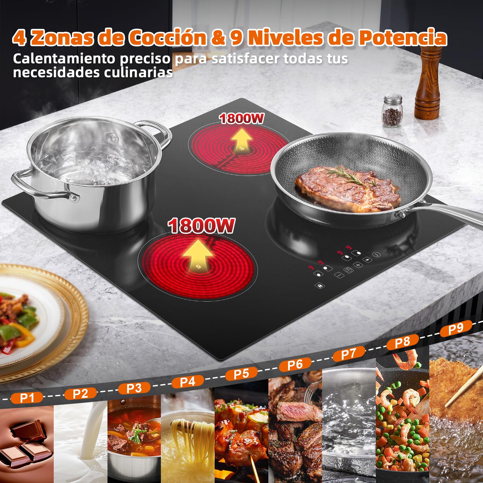 Placa Vitrocerámica Eléctrica de 4 Fuegos, 60cm Incrustar, 6000W, Compatible con Todo Tipo de Menaje, Control Táctil, 9 Niveles, Temporizador 1-99 Min
