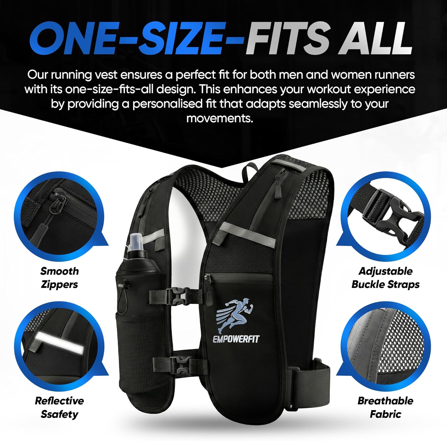 Running Hydration Vest with 500 ml Water Bottle & Water-Resistant Phone Pouch – Lightweight Reflective Running Vest with 6 Secure Pockets, Adjustable Fit for Men & Women, Breathable Mesh Design