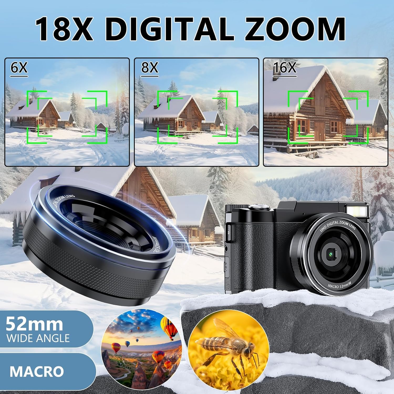 Camara de Fotos 5K 64MP Zoom Digital 18X Camara Digital Enfoque Automático, Pantalla IPS de 3" 180°, Camara Vlogging con Tarjeta de Memoria de 32GB, Batería de 800mAh, Ideal para Principiantes Jóvenes
