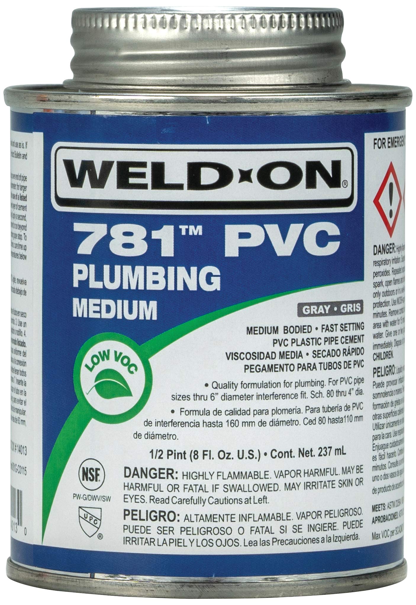 Weld-On 14013 781 PVC Medium-Bodied High-Strength Plumbing Solvent Cement - Fast-Setting and Low-VOC, Gray, 1/2 Pint (8 fl oz)