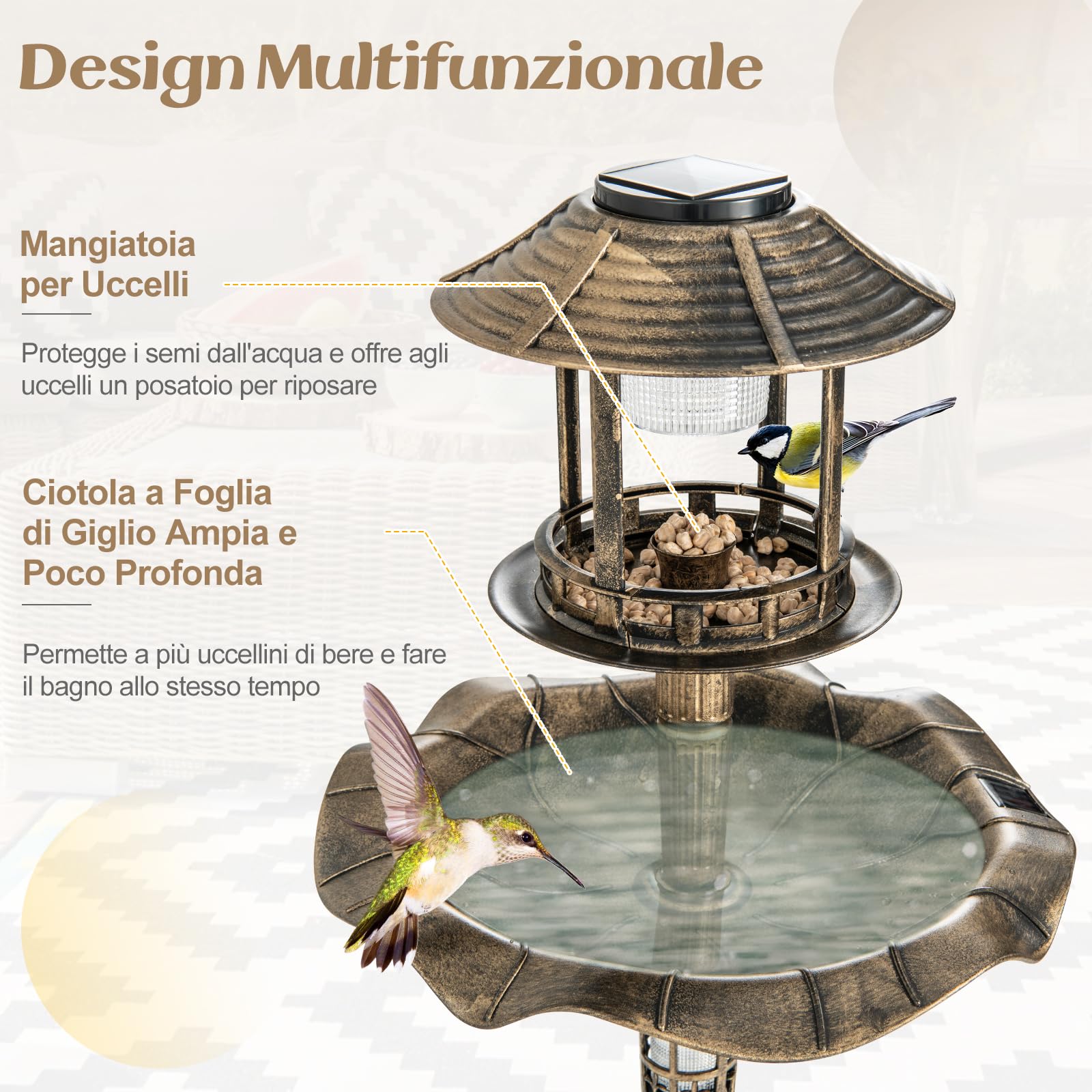 GYMAX Mangiatoia Fontana Solare per Uccelli, Vasca per Uccelli da Giardino con Lampade Solari, Fioriera, Supporto Riempibile, 3 Chiodi, Decorazione Luminosa all'Aperto, Giardino, Cortile (Bronzo)