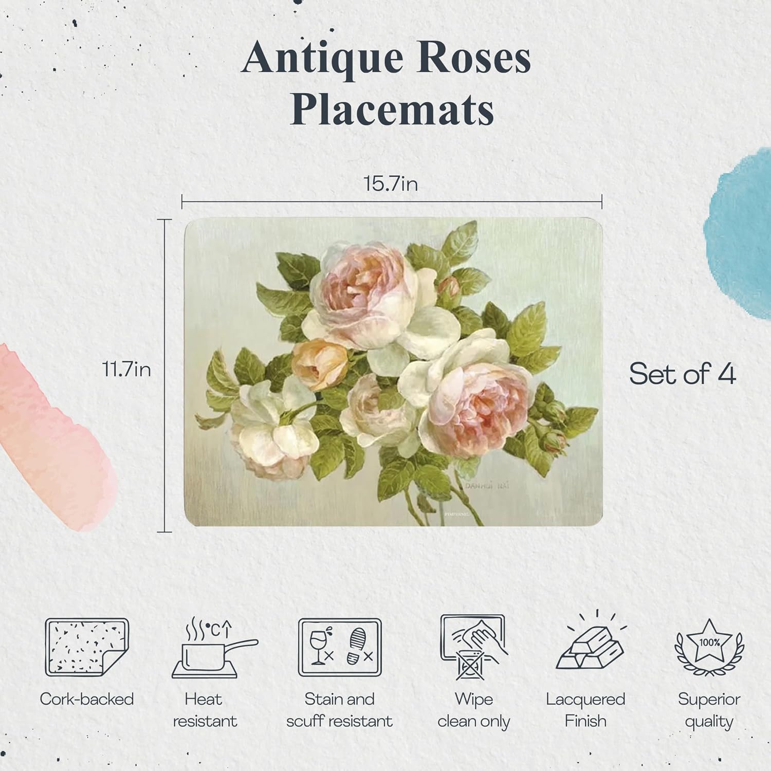 Pimpernel Antique Roses Placemats - Beige, Set of 4