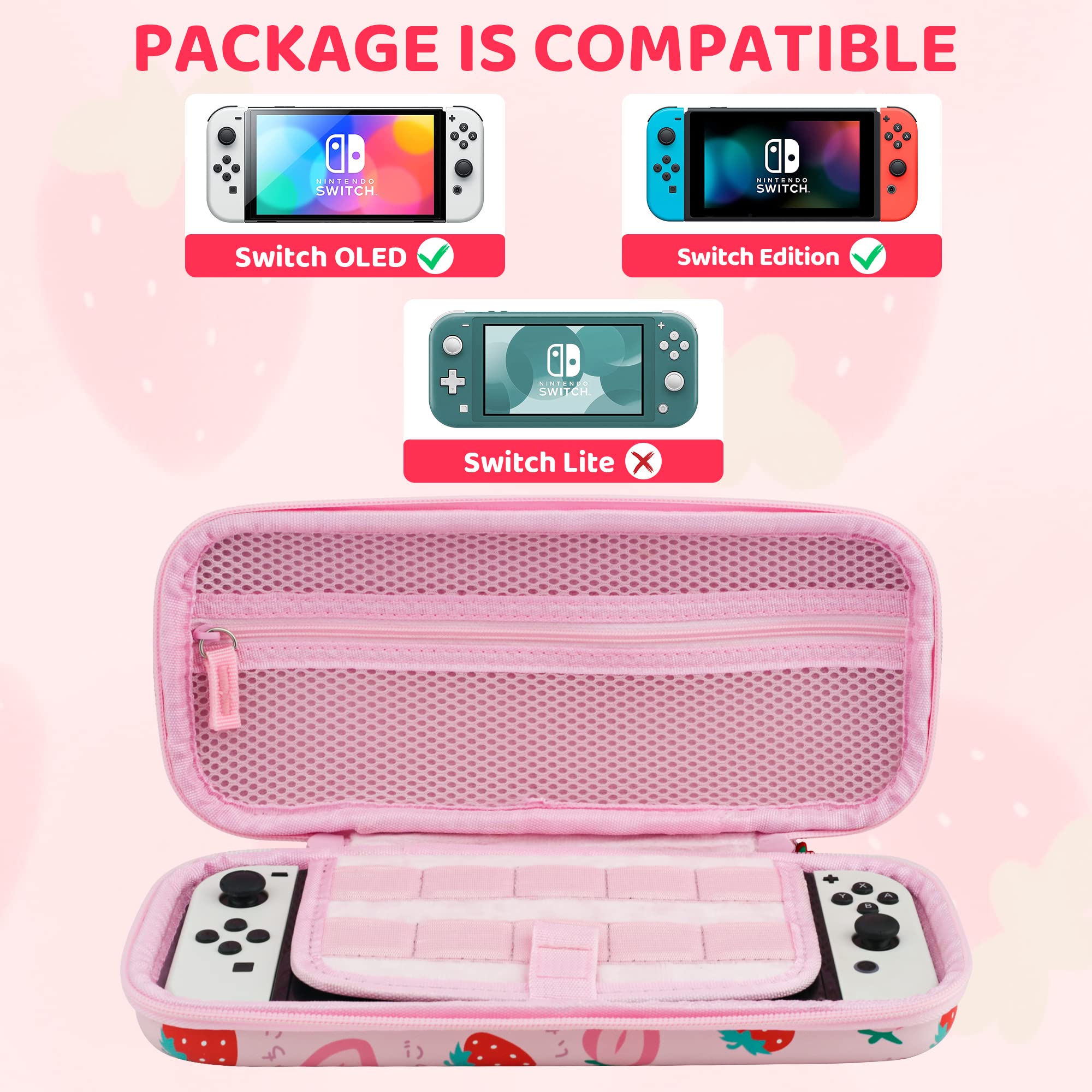 GLDRAM Custodia da trasporto rosa fragola per Nintendo Switch e modello OLED, protezione da viaggio portatile con custodia per carte da gioco, tracolla e 2 tappi per pollice, set di accessori per