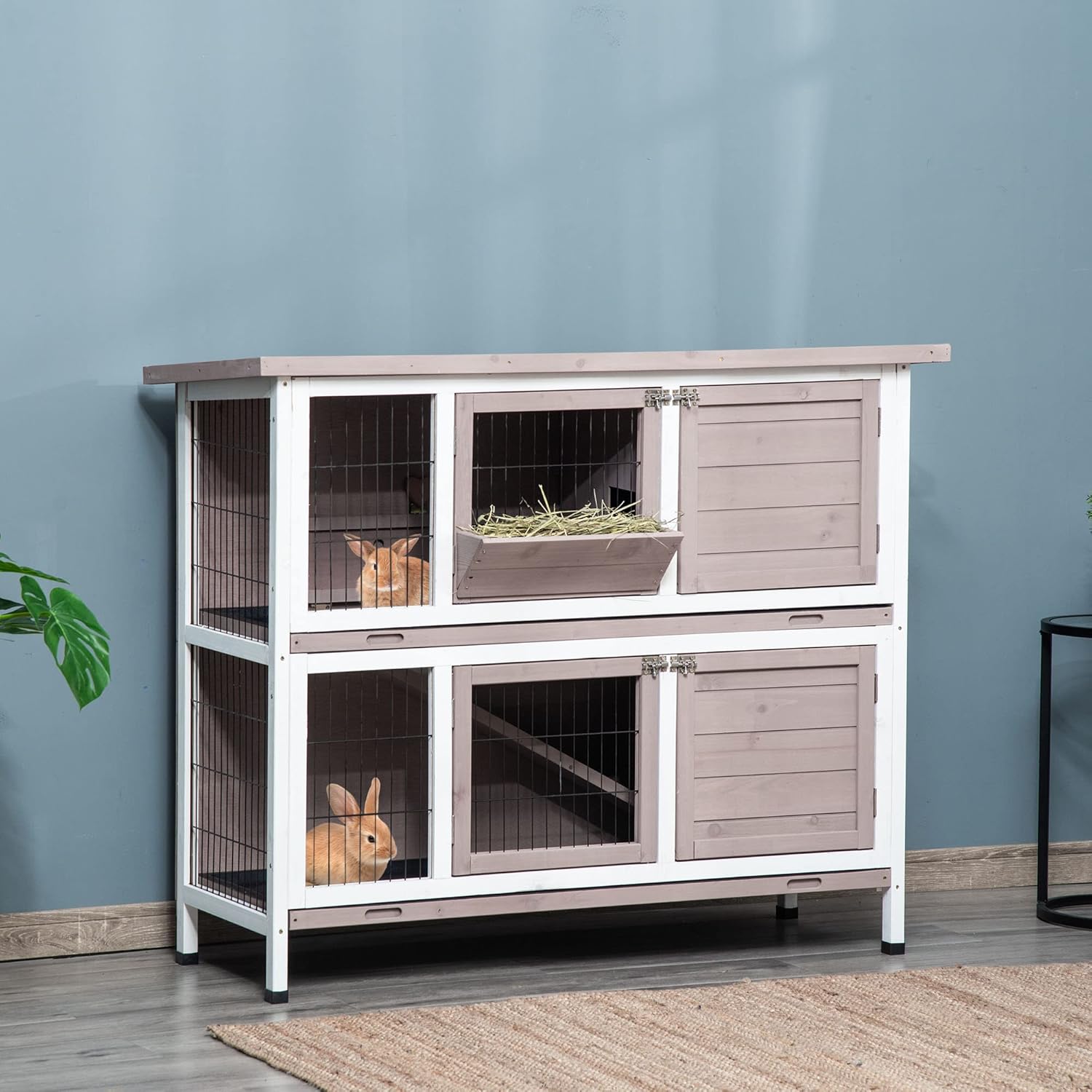 Spacious Indoor or Outdoor Rabbit Hutch with Quick Feed Trough, 4 Doors, Grey-Brown Wood Construction