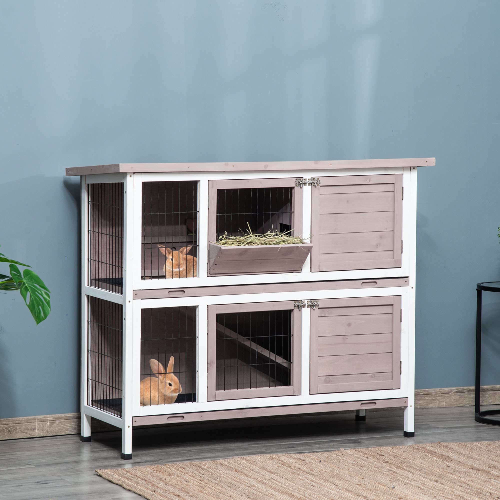 PawHut Cage pour Lapin 2 Niveaux 122 x 50 x 101cm Gris Blanc