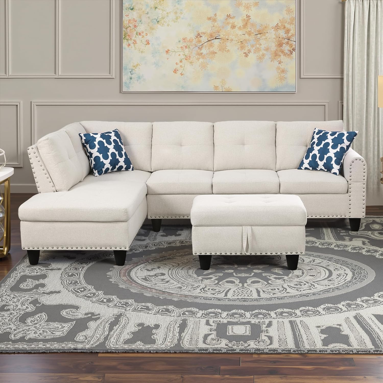 incomplete Sectional Couches for Living Room L Shaped Couch 3-Piece Sectional Sofa Set 98\" Storage Ottoman and 2 Toss Pillows for Living Room and Small Apartment, Beige