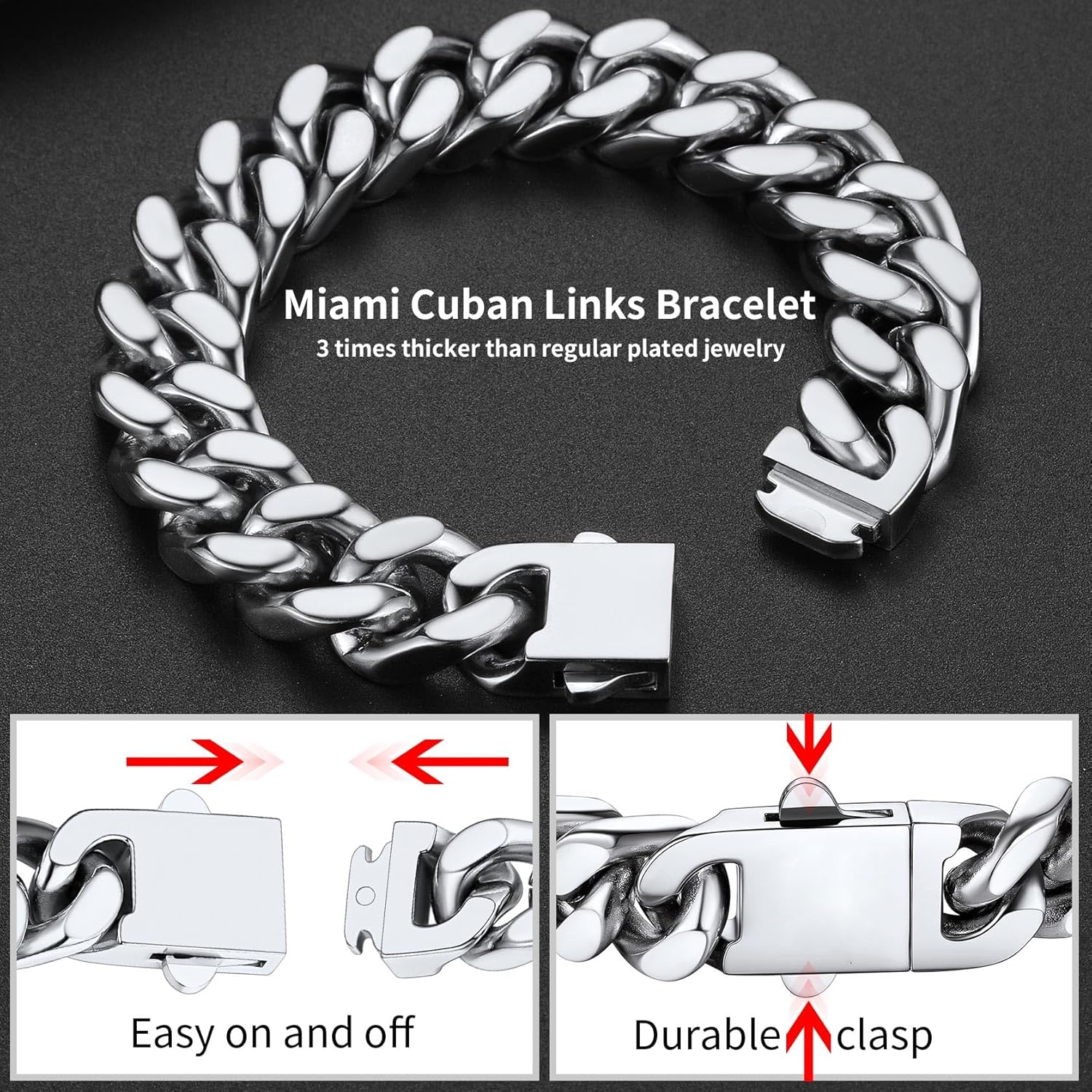 ChainsHouse Stainless Steel Cuban Link Bracelet for Men, 5mm/7mm/9mm/12mm Width, 7.5"/8.3"/9" Length, Black/18K Gold Plated Chain Wrist Bracelets for Men, with Gift Box - Image 4